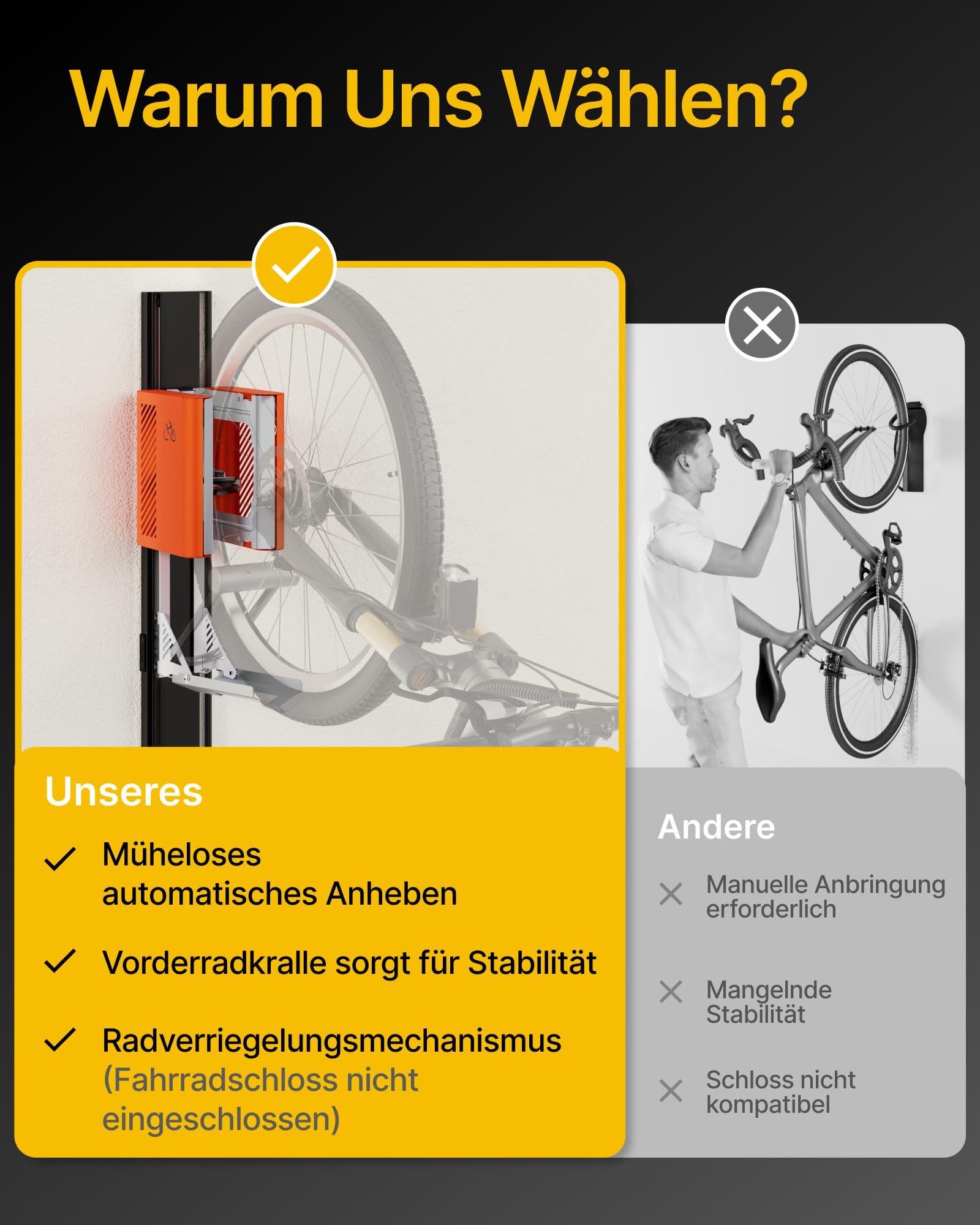 monTEK Automatischer Fahrradlift – Vertikaler Fahrradträger für schwere Fahrräder (bis 32 kg) – Einfache Montage, platzsparende Wandhalterung für Garage, Schuppen, Wohnung – Für 24-29" Reifen, E-Bikes