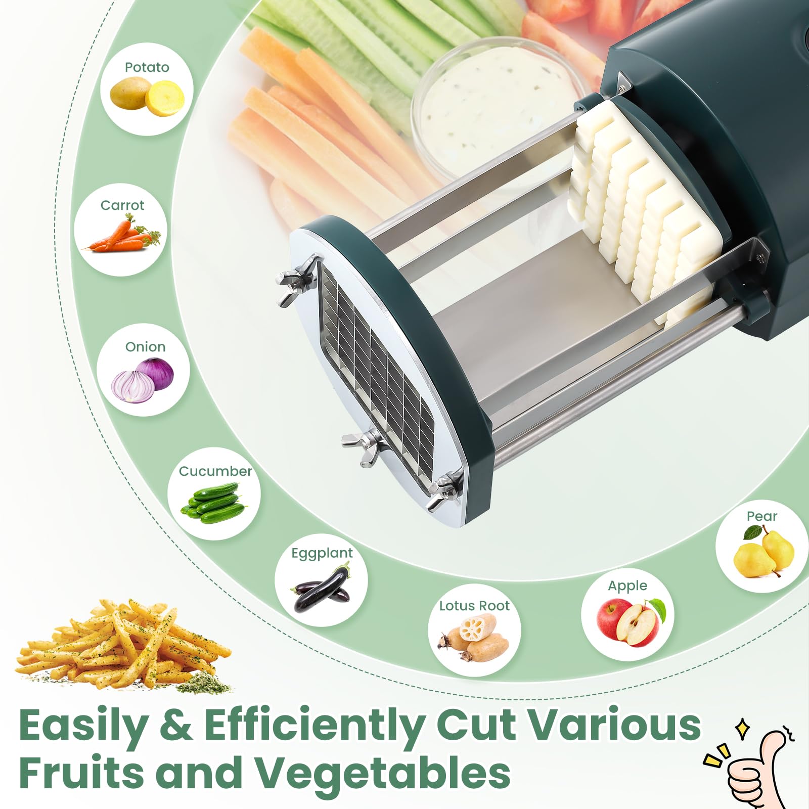 Huanyu Cortador eléctrico de patatas fritas con cuchillas de 2 tamaños, cortador de verduras multifuncional para patatas, zanahorias y pepinos (verde)