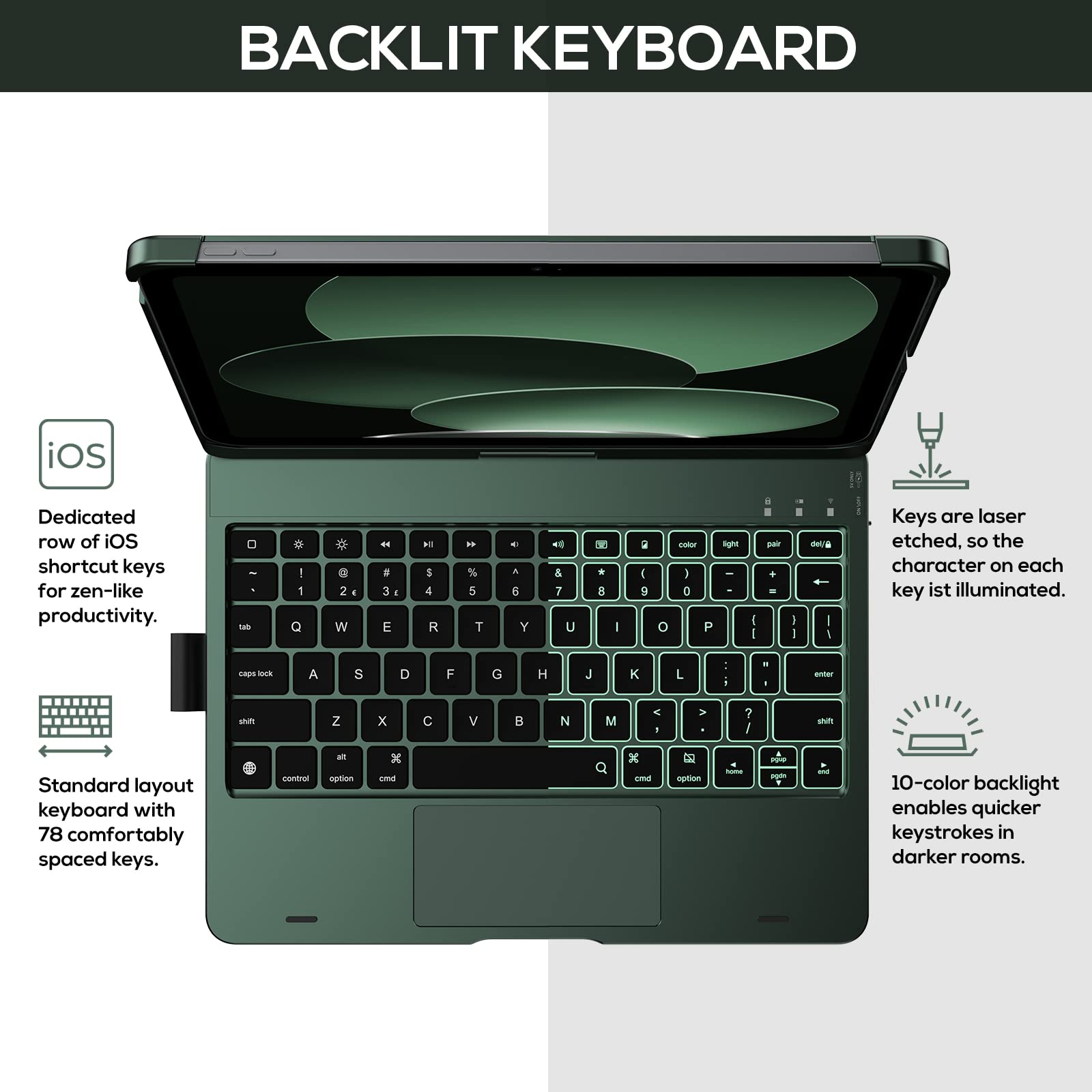 typecase Touch iPad 10th Generation Case with Keyboard (10.9", 2022), Multi-Touch Trackpad, 10 Color Backlight, 360Â° Rotatable, Thin & Light for Apple iPad 10th Gen 10.9 (Dark Midnight Green)