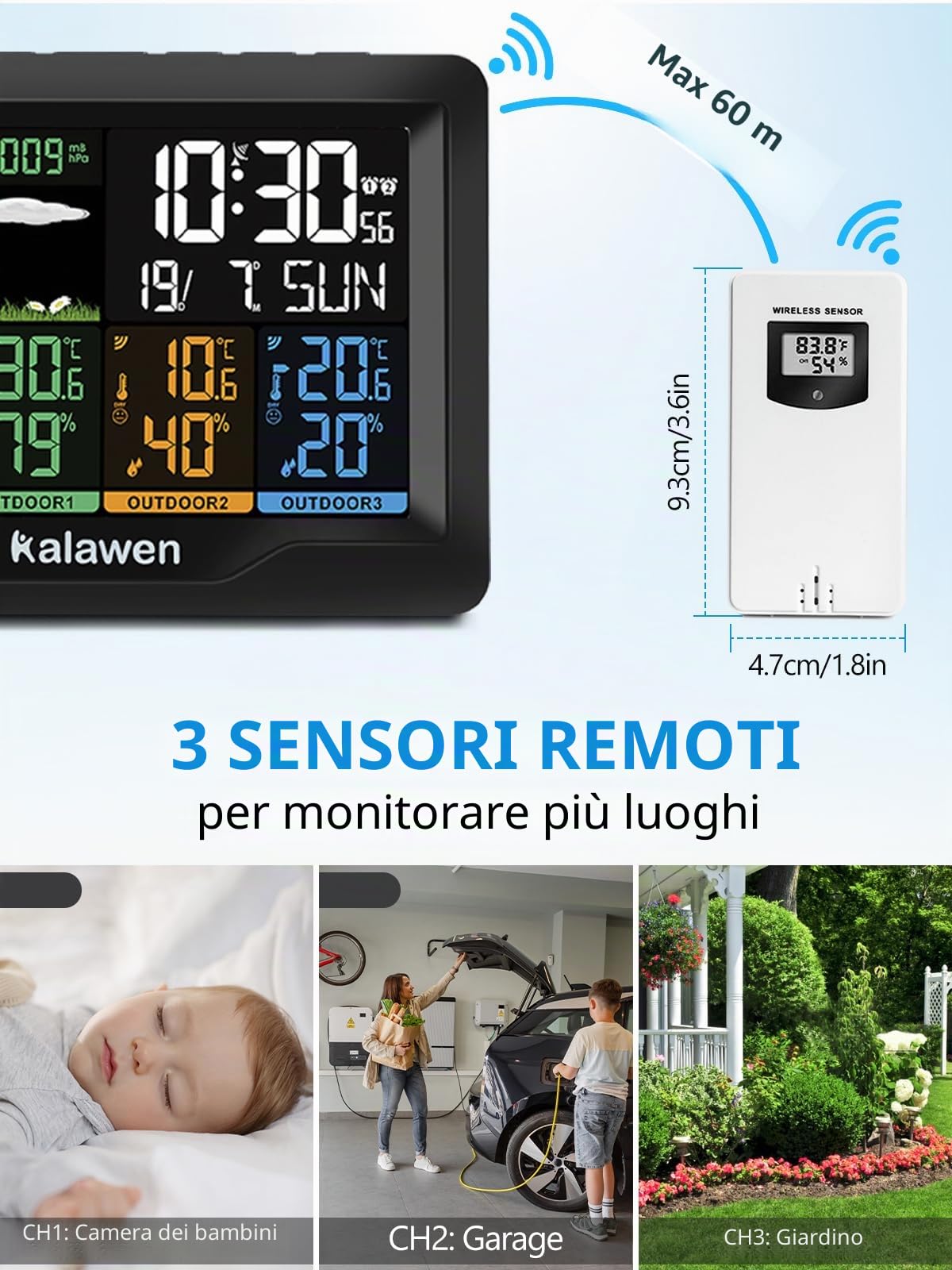 Stazione Meteo Meterologica Digitale con 3 Sensore Esterno Wireless Automatica con Schermo LCD Display Sveglia Tempo Data Temperatura Umidità Previsioni Meteo