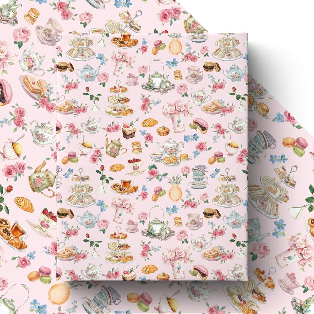 GleeWrap Tea Party Wrapping Paper, 4 Sheets Floral & Afternoon Tea Print Gift Wrap, 50x70cm Ideal for Women,Birthday,Weeding, Bridal Showers & Special Occasions — image 1