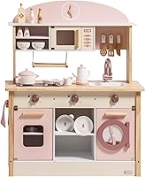 ROBUD Pink Wooden Play Kitchen for Toddlers 3+ | Realistic Accessories, Modern Toy Kitchen Set Girls Boys