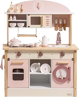 ROBUD Pink Wooden Play Kitchen for Toddlers 3+ | Realistic Accessories, Modern Toy Kitchen Set Girls Boys