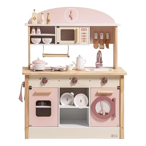 ROBUD Play Kitchen for Kids Toddlers, Wooden Play Kitchen with Realistic Accessories, Toy Kitchen Set with Plenty of Play Features, Modern Style Toy Kitchen for Girls & Boys, Gift for Ages 3+, Pink