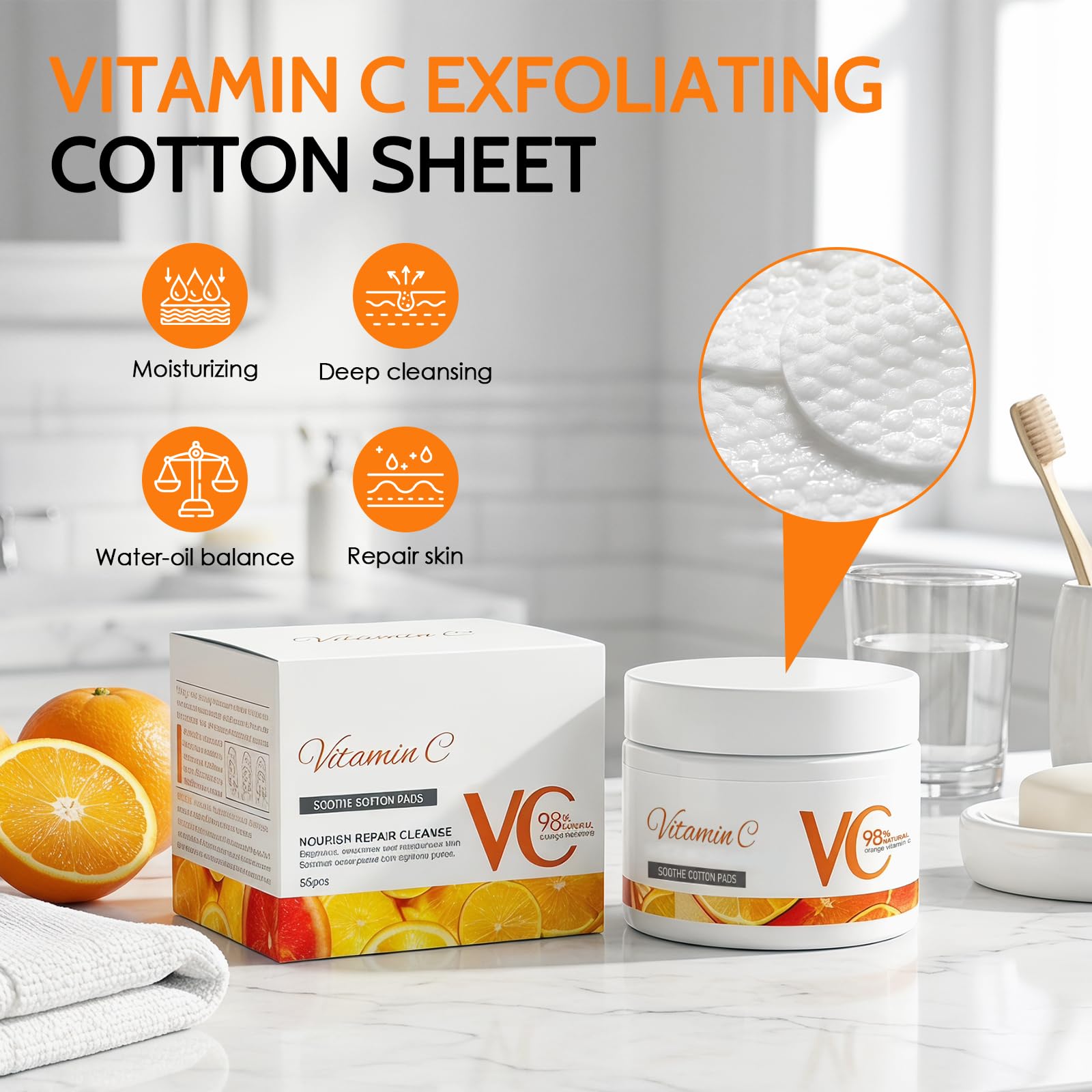 Vitamine C Niacinamide Pads 55 Pièces, Tampons Exfoliants Visage Corps, Hydrate et Équilibre Peau