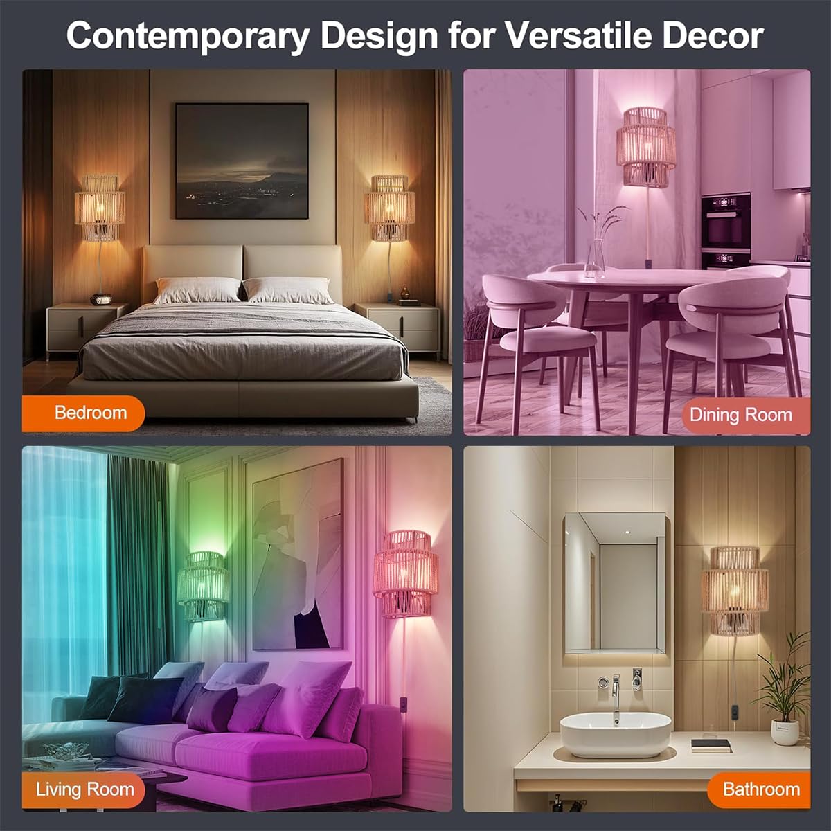 KZT Smarte RGB Wandleuchte Dimmbare mit 16 Millionen Farben Boho Rattan Wandlampe, Kompatibel mit Alexa & Google Assistant, Musik Sync, Wandbeleuchtung mit Fernbedienung, für Schlafzimmer (2 Stück)