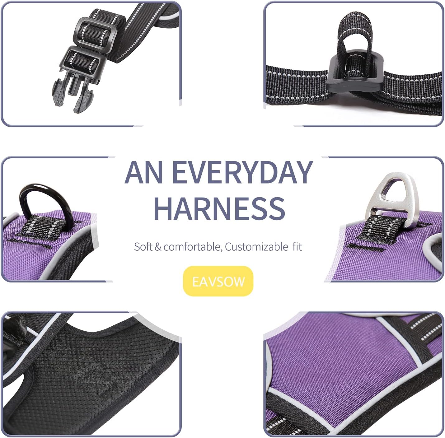 EAVSOW Dog Harness, No Pull Pet Harness with Front & Back 2 Leash Attachments, Adjustable Reflective Dog Vest for Outdoor Walking Training Control (M, Purple)
