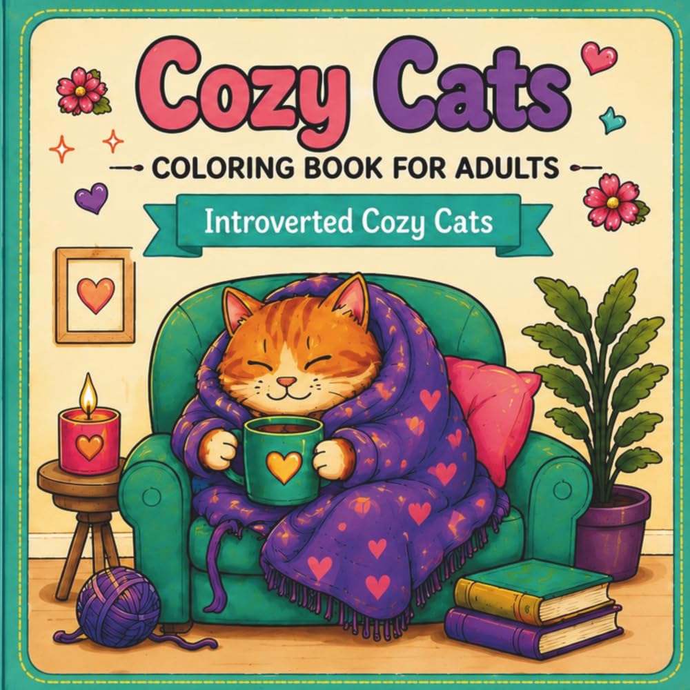 Introverted Cozy Cats Coloring Book for Adults: 52 Scenes with Adorable Cats Enjoying the Introvert Life for Self-Care and Mindful Relaxation