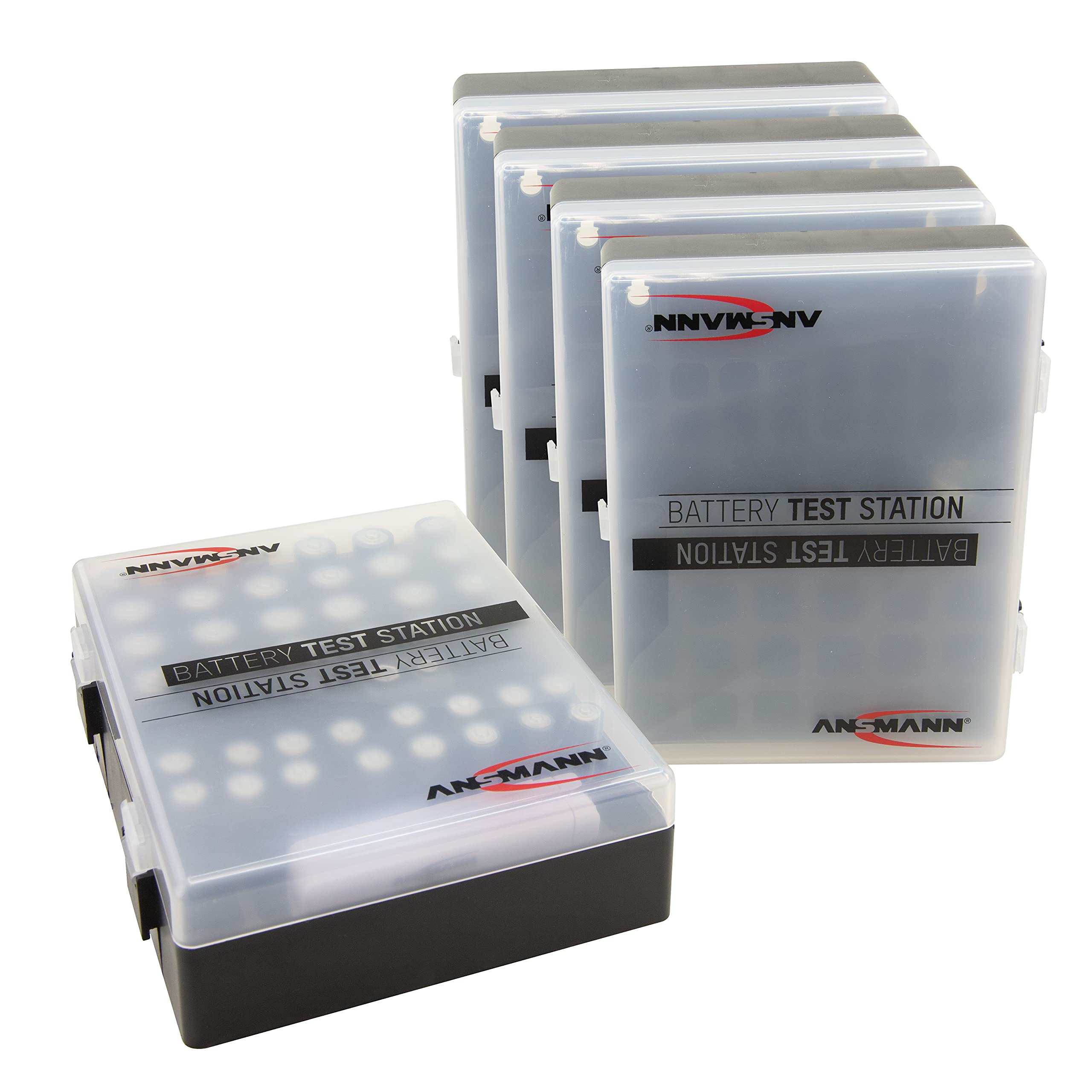 ANSMANN Batteriebox inkl. Akkutester für AAA Micro, AA Mignon & 9V Block Akkus und Batterien - Akkubox zum Schutz & Transport für 48 Accus - Batterie Box & Akku Box zur Aufbewahrung - 5 Stück, schwarz