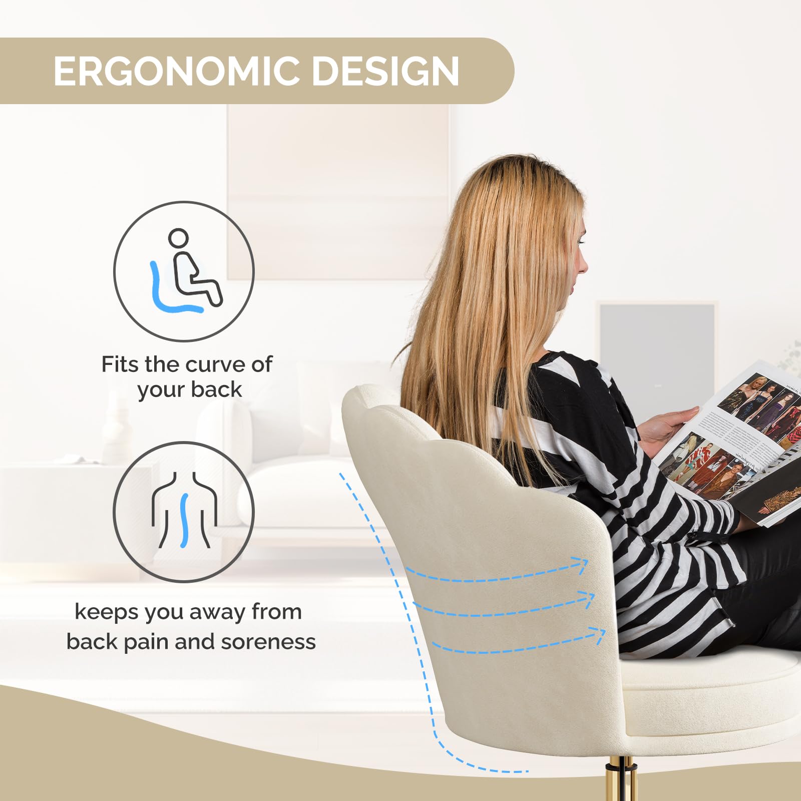 Homeoffice Stuhl,Schminkstuhl,SamtStuhl mit Kopfkissen Blütenblatt-Rückenlehne 360° drehbar Höhenverstellbar Bürostuhl ergonomisch für Arbeitszimmer Schlafzimmer,bis 120kg belastbar Beige