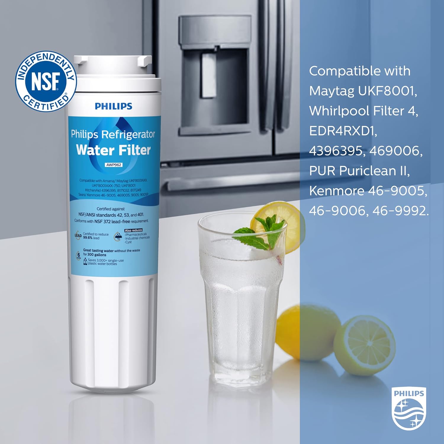 Philips AWP962 water filter next to a glass of water and lemons, with a list of compatible filter models.