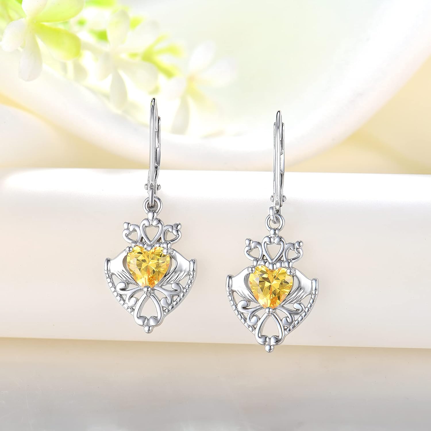 JO WISDOM Women Claddagh Earrings,925 Sterling Silver Celtic Love Heart Claddagh Drop & Dangle Leverback Earrings with 6mmx6mm Heart Cut 5A Cubic Zirconia