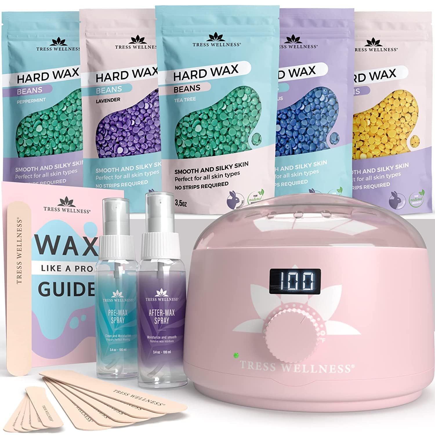 Tress Wellness Waxing Kit for Sensitive Skin – Safe for Face & Skin, Prep & Aftercare Spray, Easy to Use – At-Home Kit for Face, Bikini, Brazilian & Full Body - Digital Display, Pink