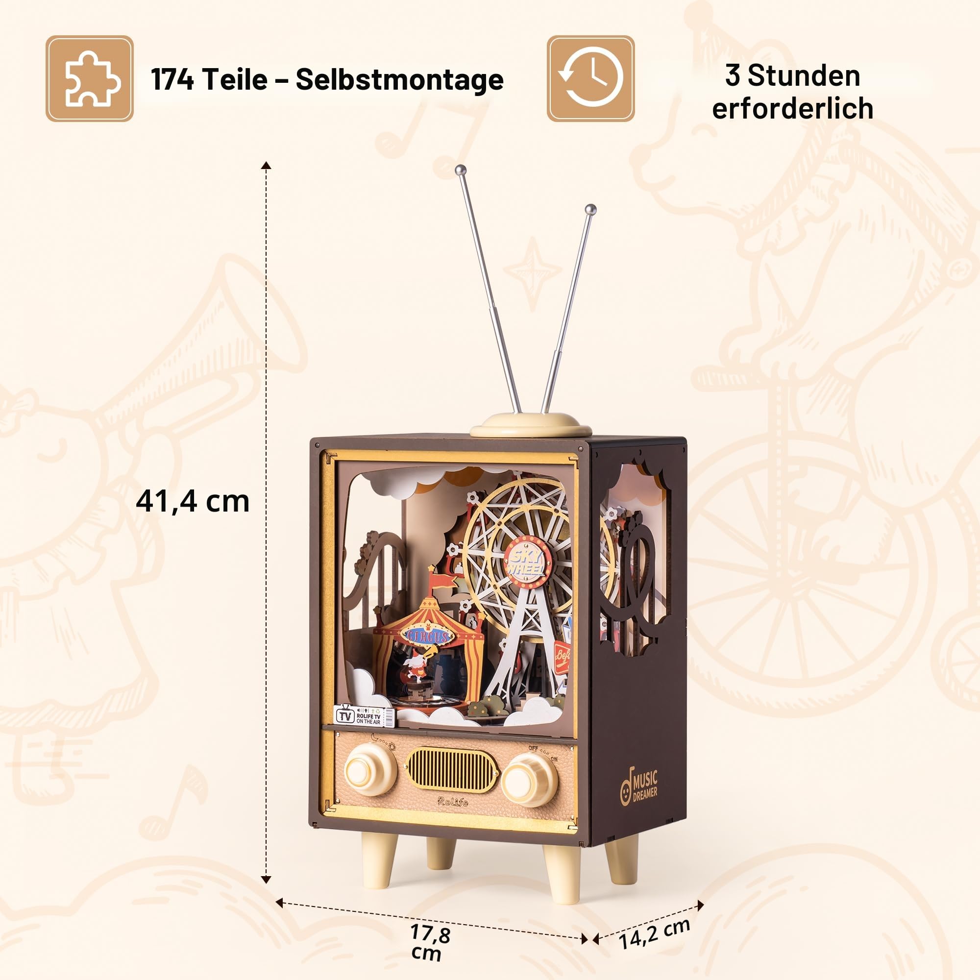 Rolife 3D Puzzles Holz Spieluhr Sonnenuntergang Karneval Miniatur Szene Retro Fernsehen Modell Bausätze für Erwachsene zu Bauen LED Nacht Lichter Plug in 174pcs (AMT01)