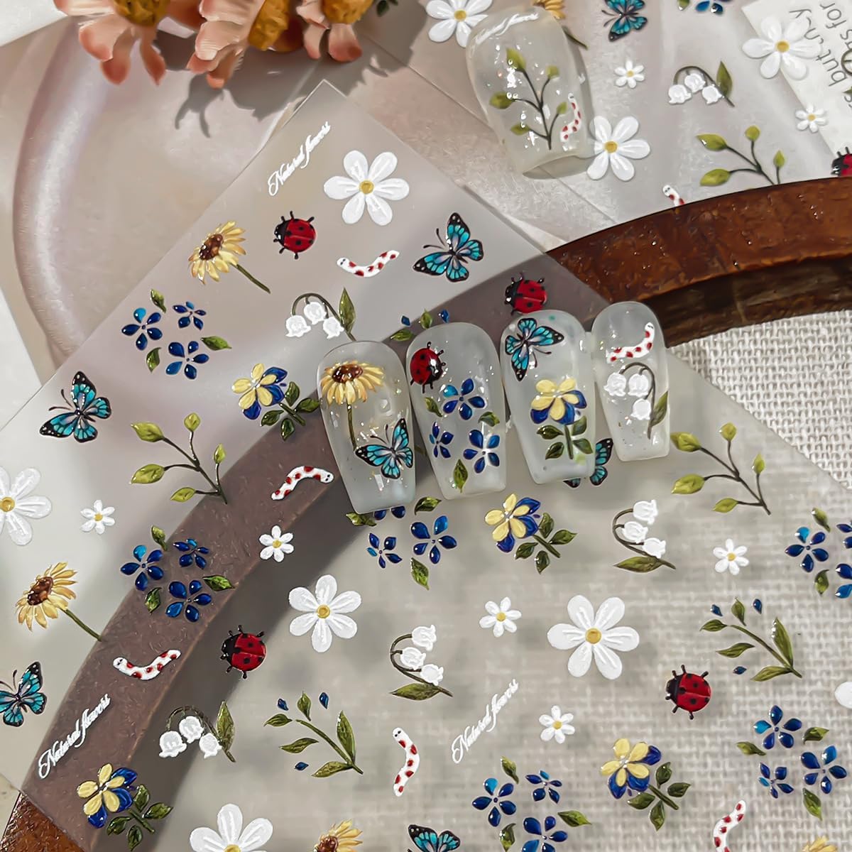 yefiuo 5D Embossed Flower Nail Stickers for Nail Art Floral Nail Art Stickers Spring Nail Decals Self-Adhesive Relief Daisies Sunflowers Insect Nails Sticker Supplies Charms Gifts for Women Girls