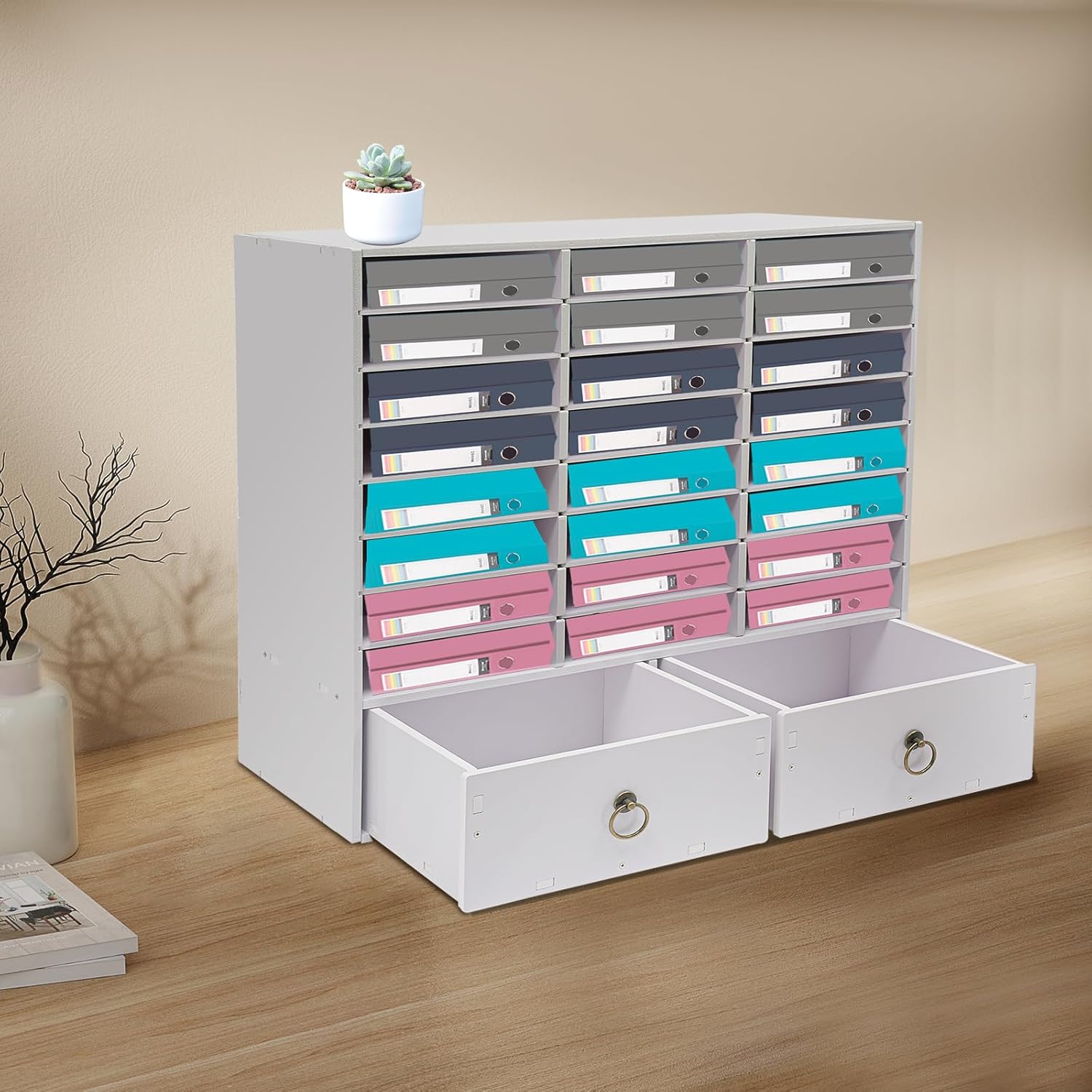 Literature Organizer 24 Slots Compartments Mail Organizer with 2 Drawers, Classroom Mailbox for Office Paper Shelve Student Mailboxes for Classroom/Office/Home(White)