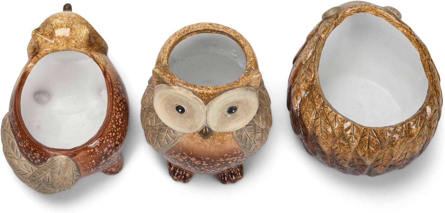 Brown Owl Fox Hedgehog 4.5 x 5.5 Terra Cotta Indoor Outdoor Standing Planter Pot Set 3