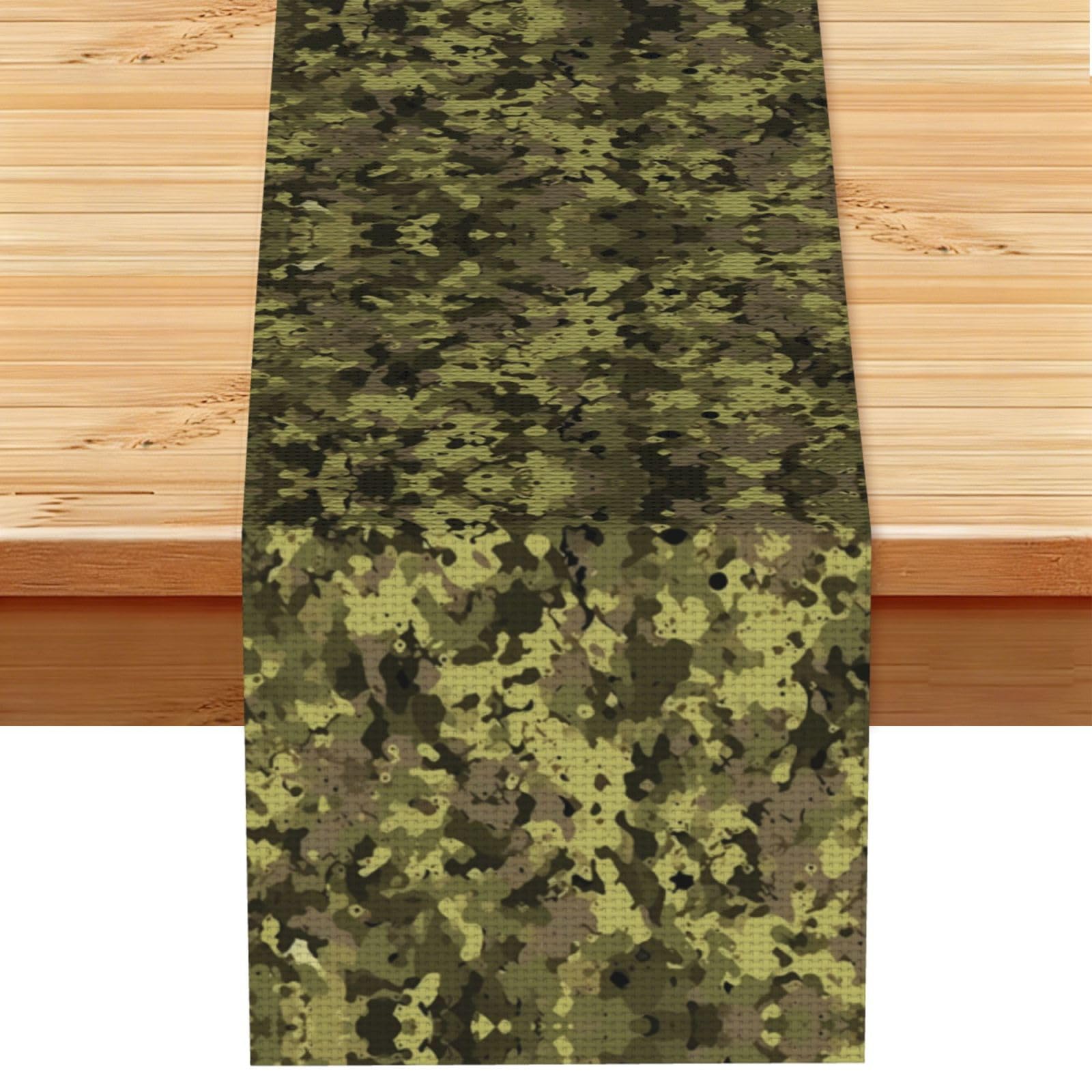 Mottled Deep Green Camo Printed Table Runner 13 x 72, Wrinkle Resistant Decor for Dining Table Coffee Table Fireplace