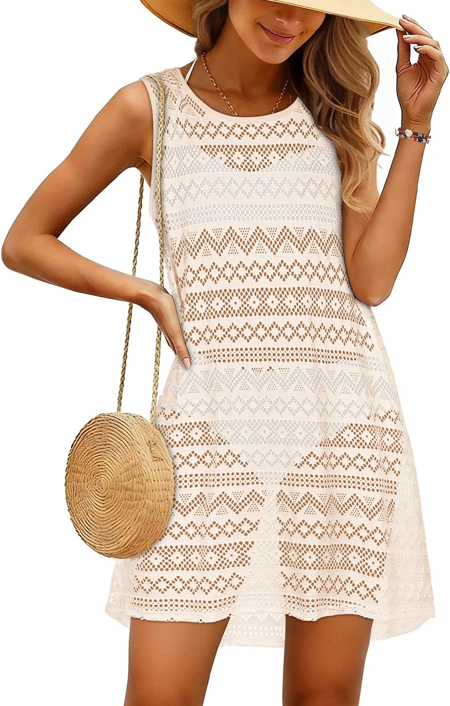 CHICGAL Womens Swimsuit Coverup Knit Sleeveless Bathing Cover Ups Bikini Beach Dress Hollow Out Summer Vacation Swimwear