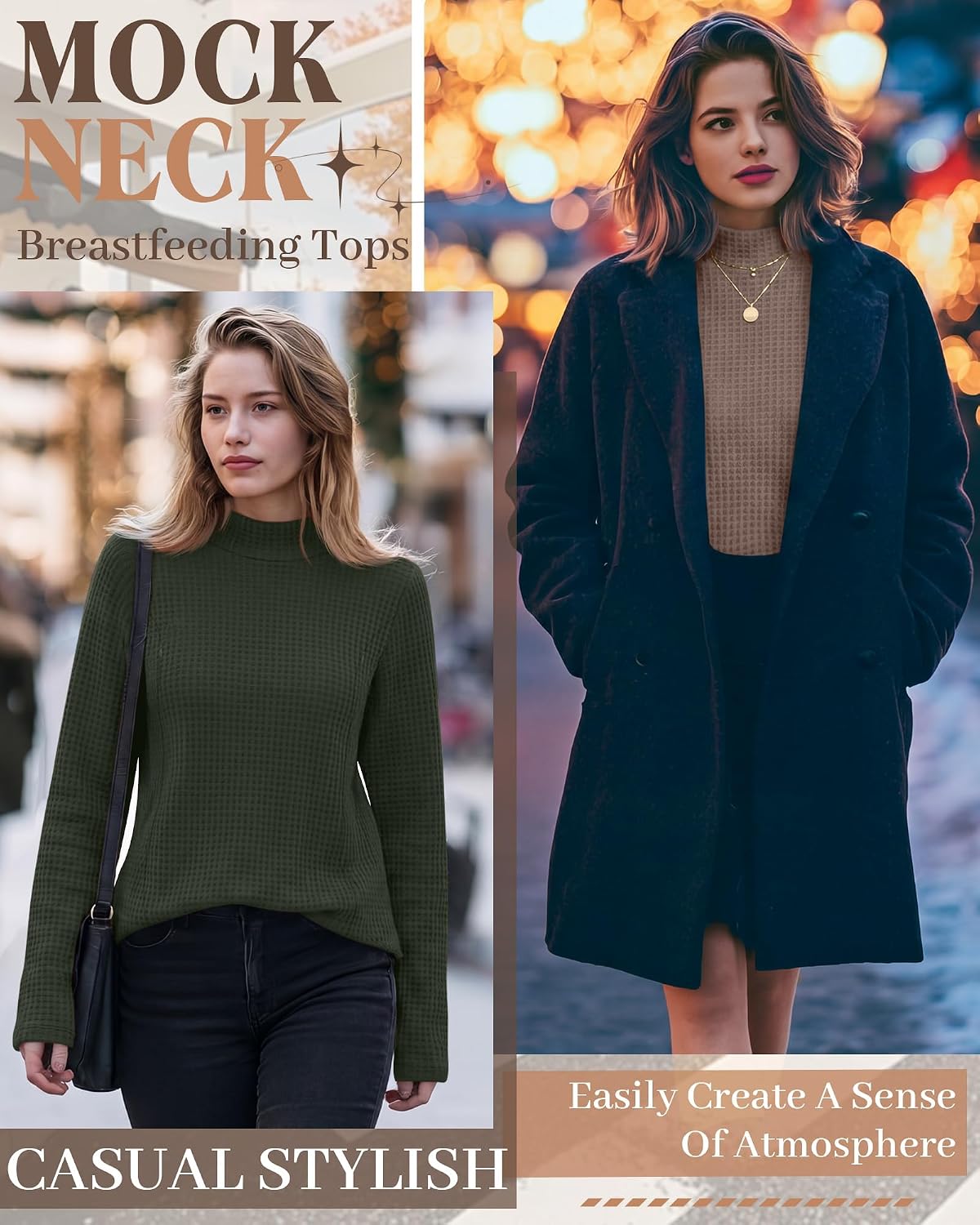 Locoowai 3 Pack Womens' Nursing Shirts Waffle Long Sleeve Mock Neck Tops Breastfeeding Zipper Maternity Casual Loose Tees