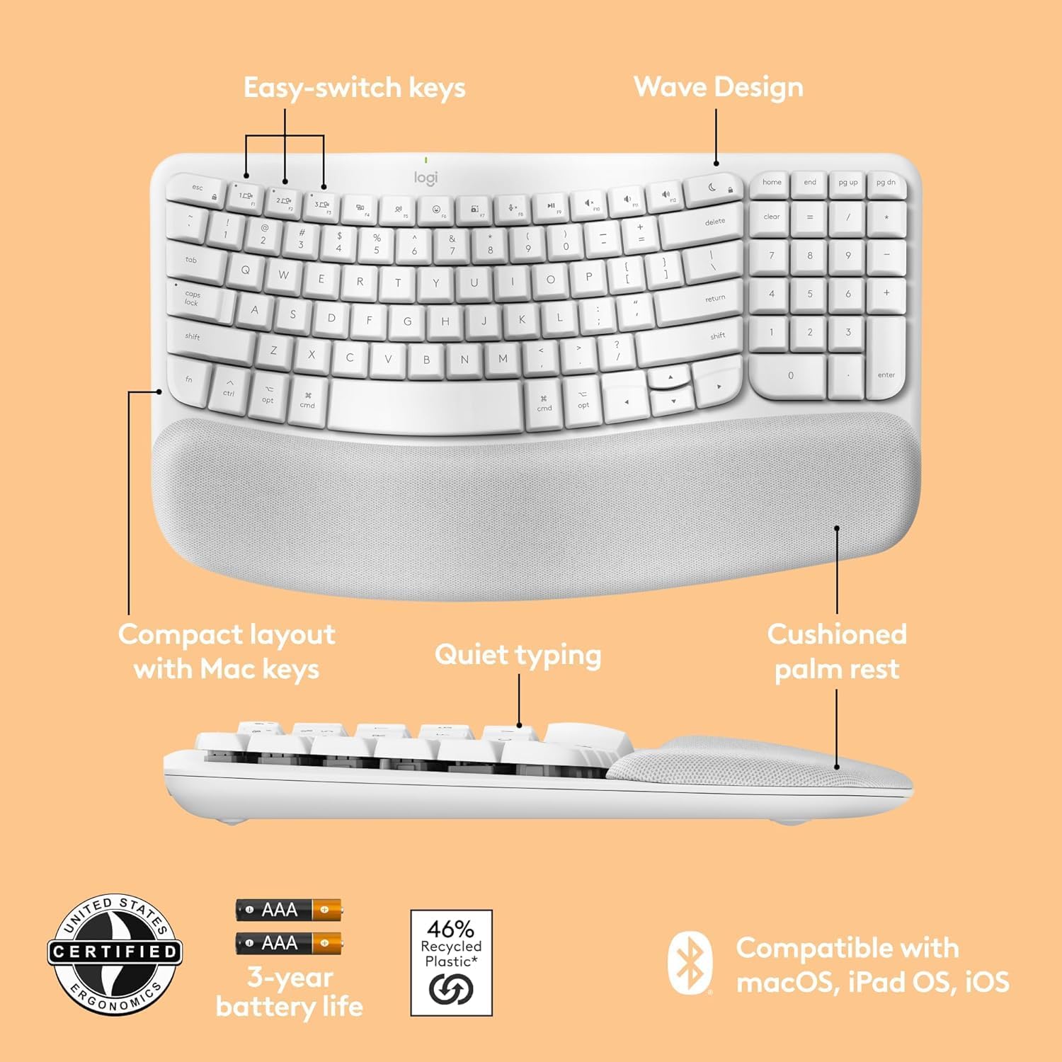 Logitech Wave Keys for Mac, Wireless Ergonomic Keyboard with Cushioned Palm Rest, Comfortable Natural Typing, Bluetooth Keyboard, Easy-Switch, Optimized for Mac, Apple, iPad - Off White(Renewed)