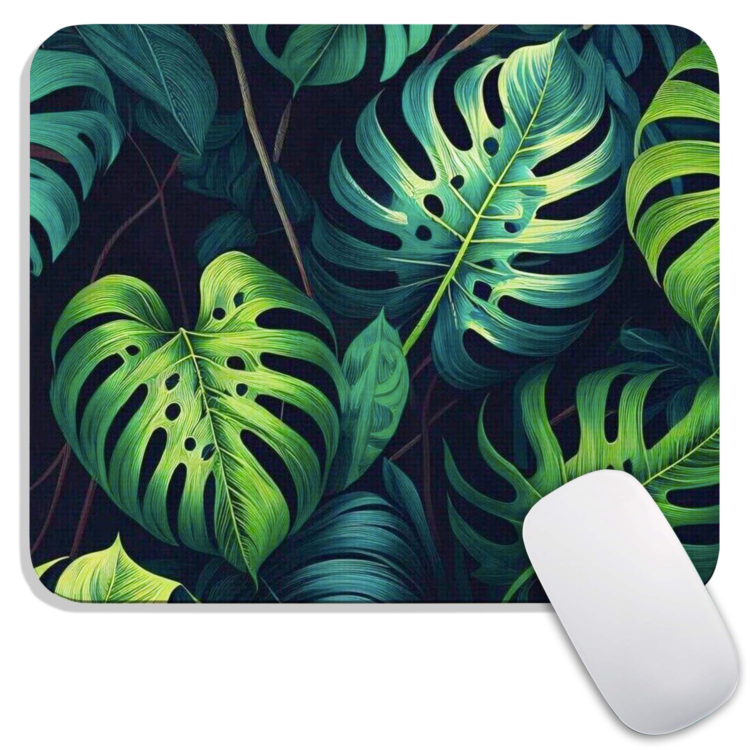 Square Mouse Pad Green Leaves, Personalized Premium-Textured Custom Mouse Mat Design , Washable Mousepad Lycra Cloth , Non-Slip Rubber Base Computer Mouse Pads for Wireless Mouse