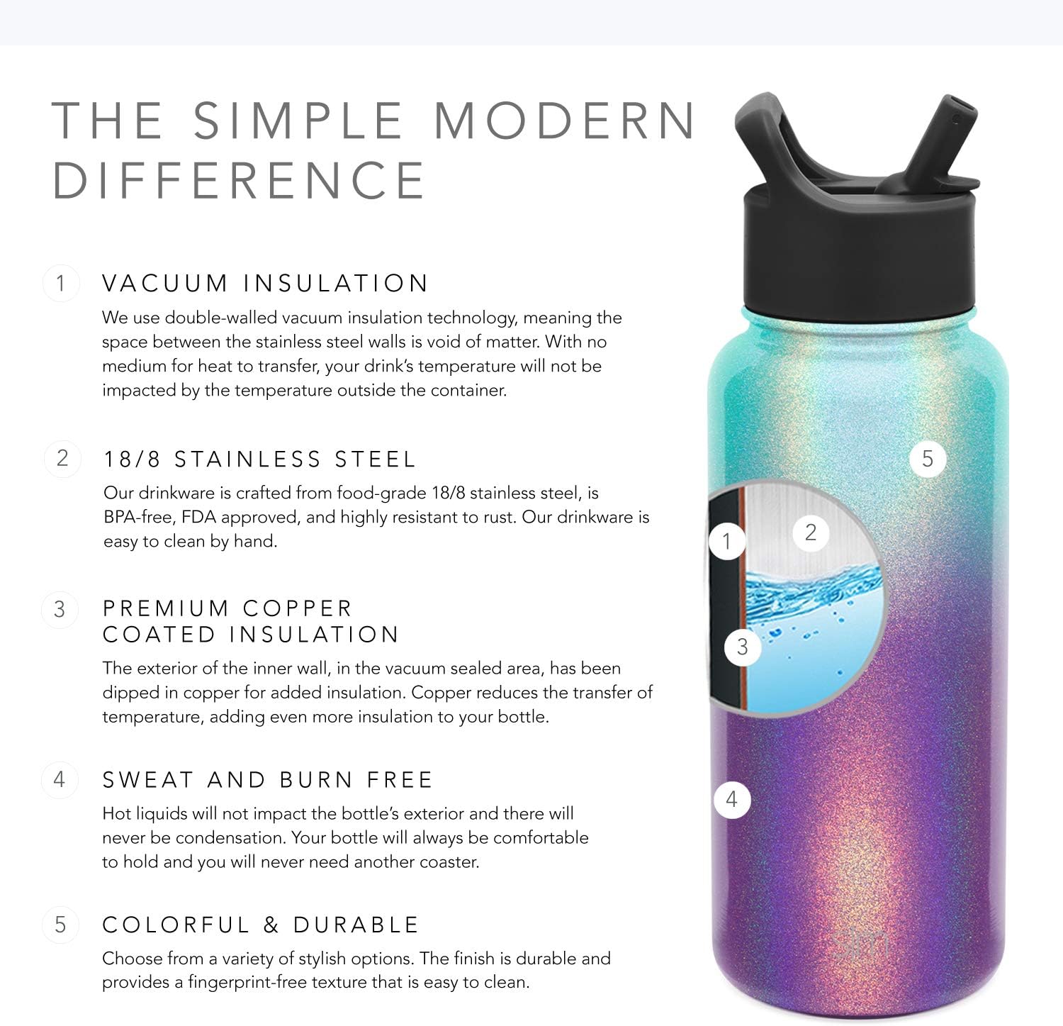 Simple Modern 14 oz Summit Water Bottle with Straw Lid - Small Hydro Vacuum Insulated Tumbler Flask Double Wall Liter - 18/8 Stainless Steel Shimmer: Aurora