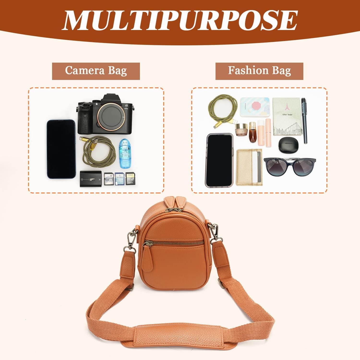 2L Small Camera Sling Bag for Women and Men, Waterproof PU Leather Crossbody Bag for Small Mirrorless Cameras, Shockproof Travel Case(Not for Large DSLR) Brown - Image 4