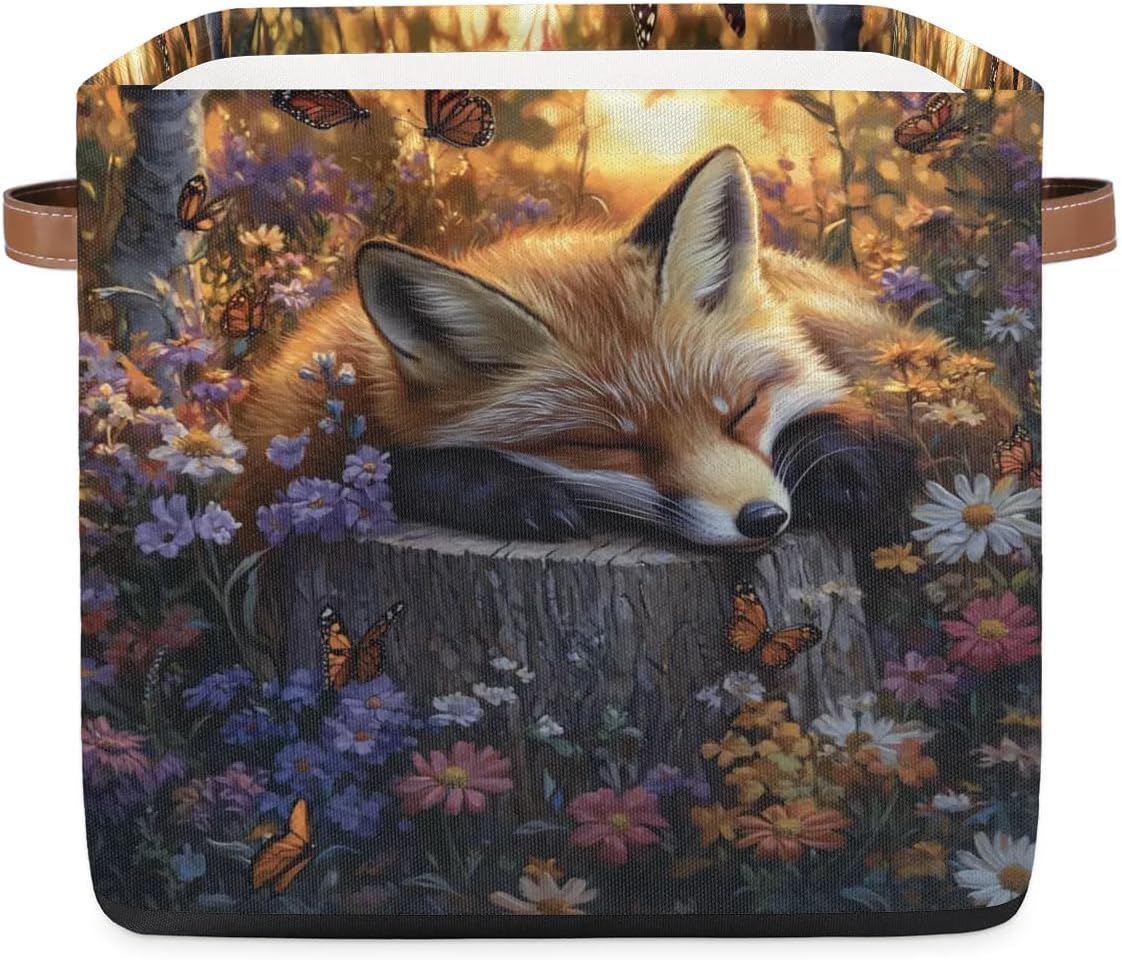 Fox Butterfly Forest Storage Basket Foldable Storage Box Bins with Handles 13 Inch Decorative Cube Storage Bin For Laundry Home Office
