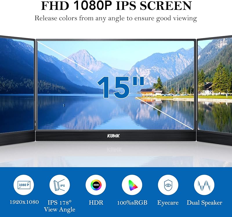 KUMK 15 Hüvelykes Hordozható Monitor 1080P FHD USB-C IPS Kijelző Laptop PC Mac Telefonhoz