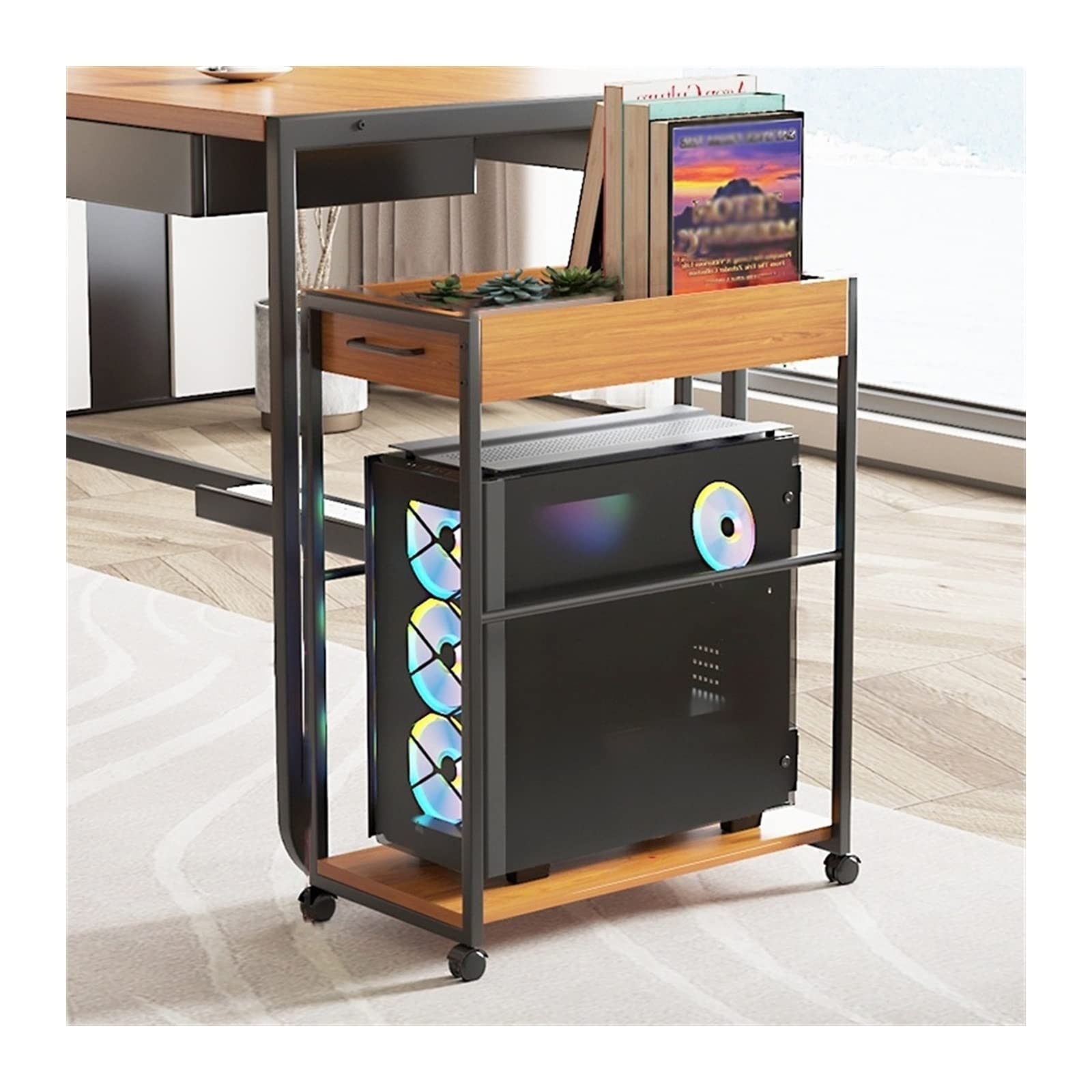 Supporto A Torre Per Computer, Carrello Per Suppor Supporto a torre for PC desktop a 2 livelli con spazio di archiviazione, supporto for custodia for PC portatile, robusto telaio in acciaio, supporto