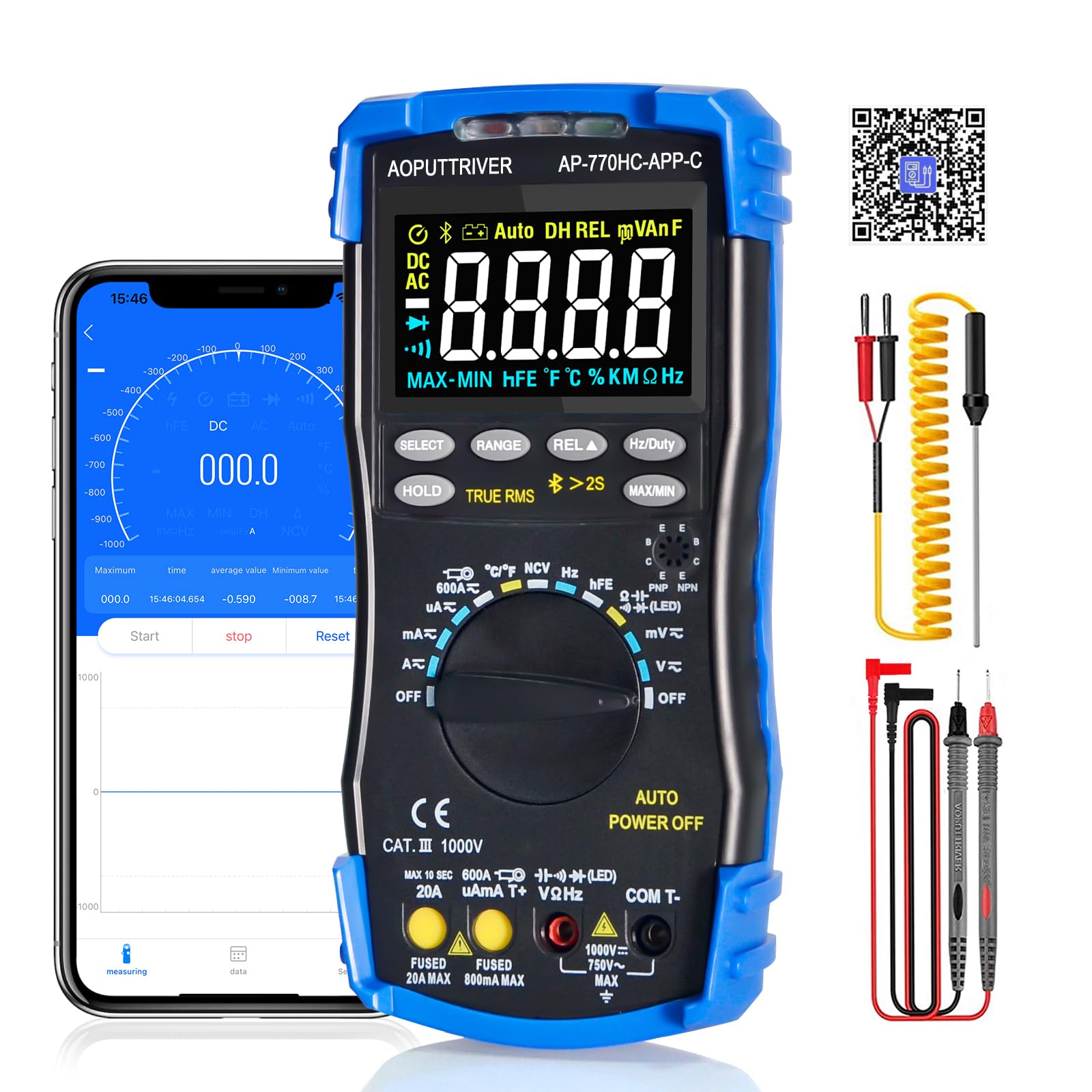 Multimeter Digital AP-770HC APP 6000Counts Auto/Manual Range Current Meter Multi Tester NCV Current Resistance Temperature Capacity Diode hFE Continuity Working Cycle