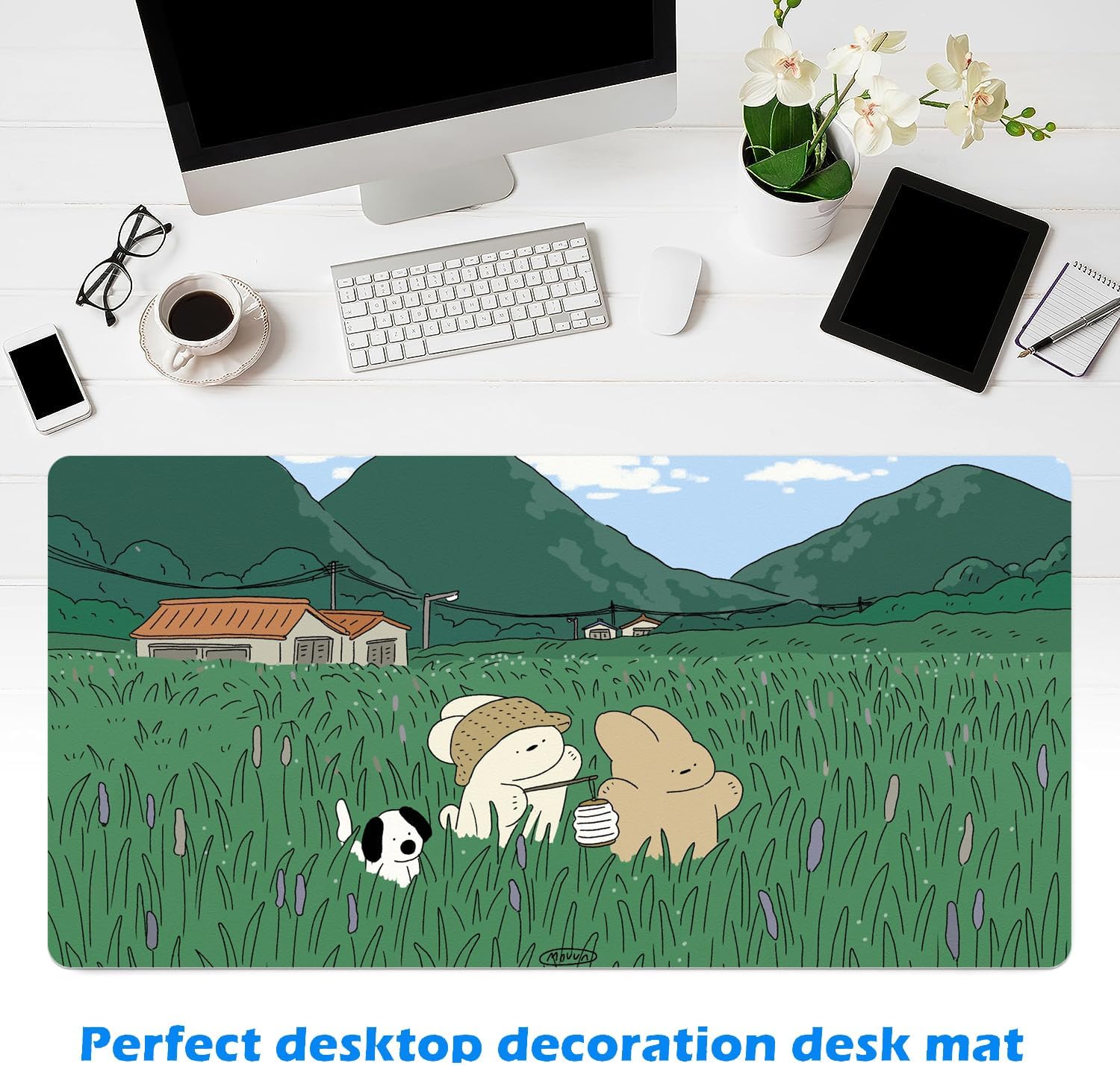 Cute Desk Mat Cartoon Desk Pad Mouse Pad Kawaii Large Green Rabbit Dog Gaming Mousepad XXL Laptop Keyboard Desktop Writing Pad for Girls Students 31.5"X15.7"