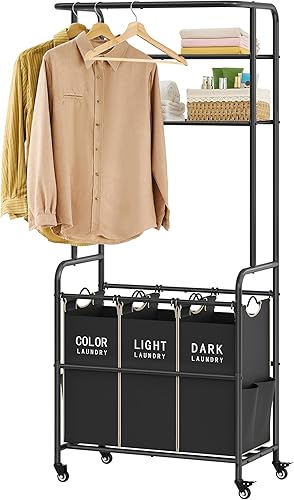 Carrito clasificador de lavandería con estante para colgar, cesta de lavandería de 3 secciones, carrito de mayordomo con estante de 2 niveles,