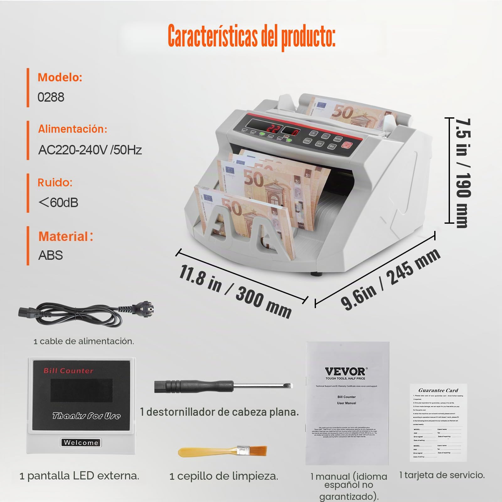 VEVOR Contador de Billetes Profesional, 1000 PCS por Minuto, Contadora de Dinero con Detección de Falsos UV/MG/IR/DD, Máquina Contar Billetes EUR GBP USD, Pantalla LED, para Tiendas y Bancos