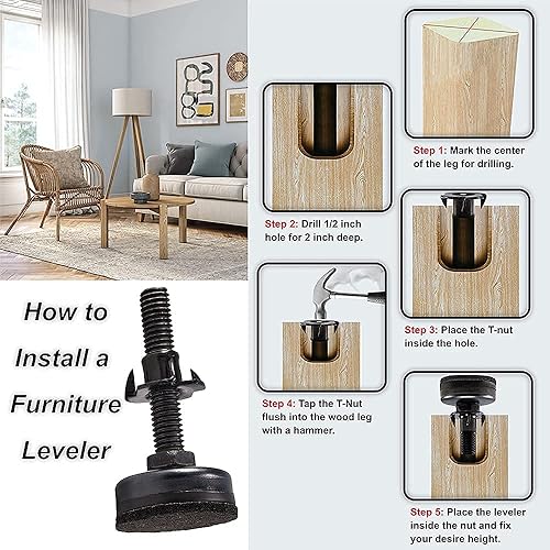 Miniatura 6 de Pies niveladores de muebles ajustables y resistentes para armarios, sofás, mesas, sillas, elevadores, soporte de 1320 libras, kit de tuercas en T de