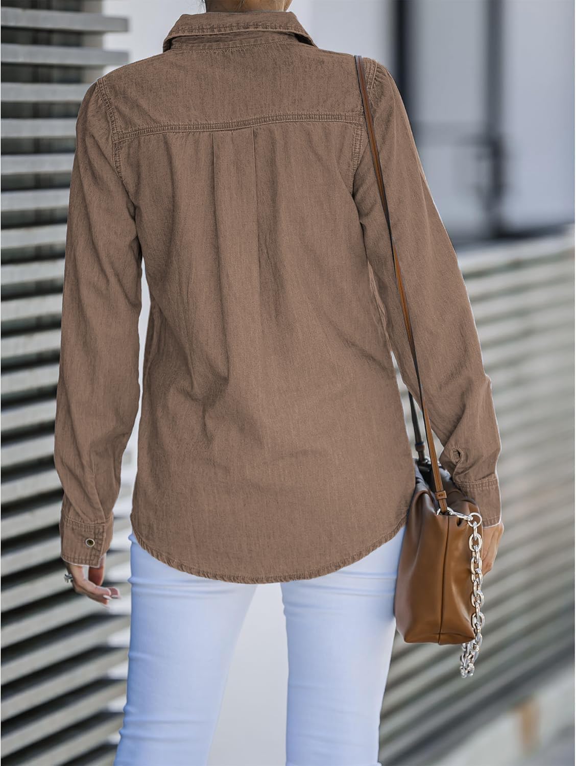 Denim Shirt Women Button Down Long Sleeve Chambray Western Jean Shirts Collared Casual Denim Tops - Image 4