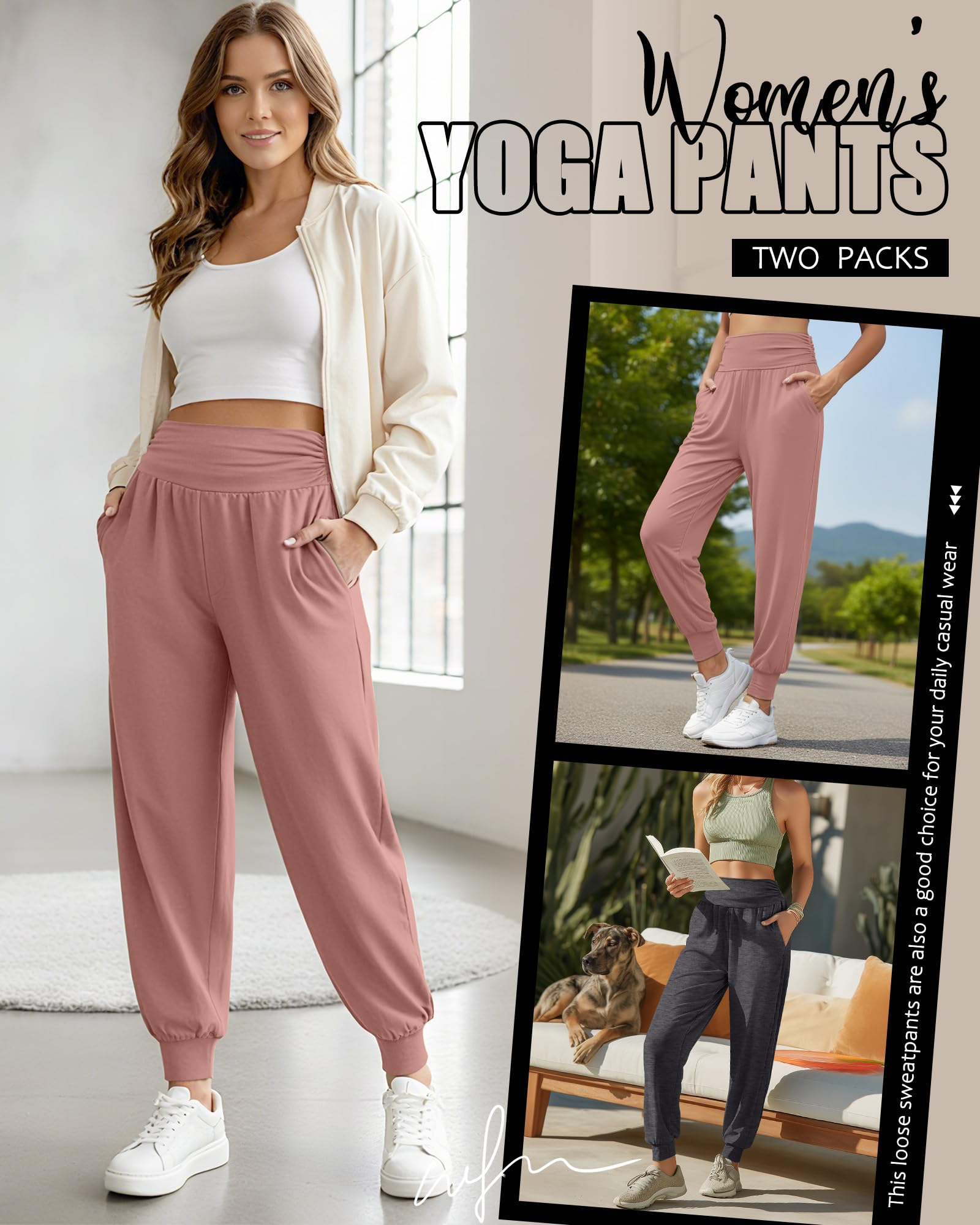 Tenare Lot de 2 Pantalons de Yoga Jogging Femme, Coupe Ample Décontractée avec Poches, Taille Haute Confortable