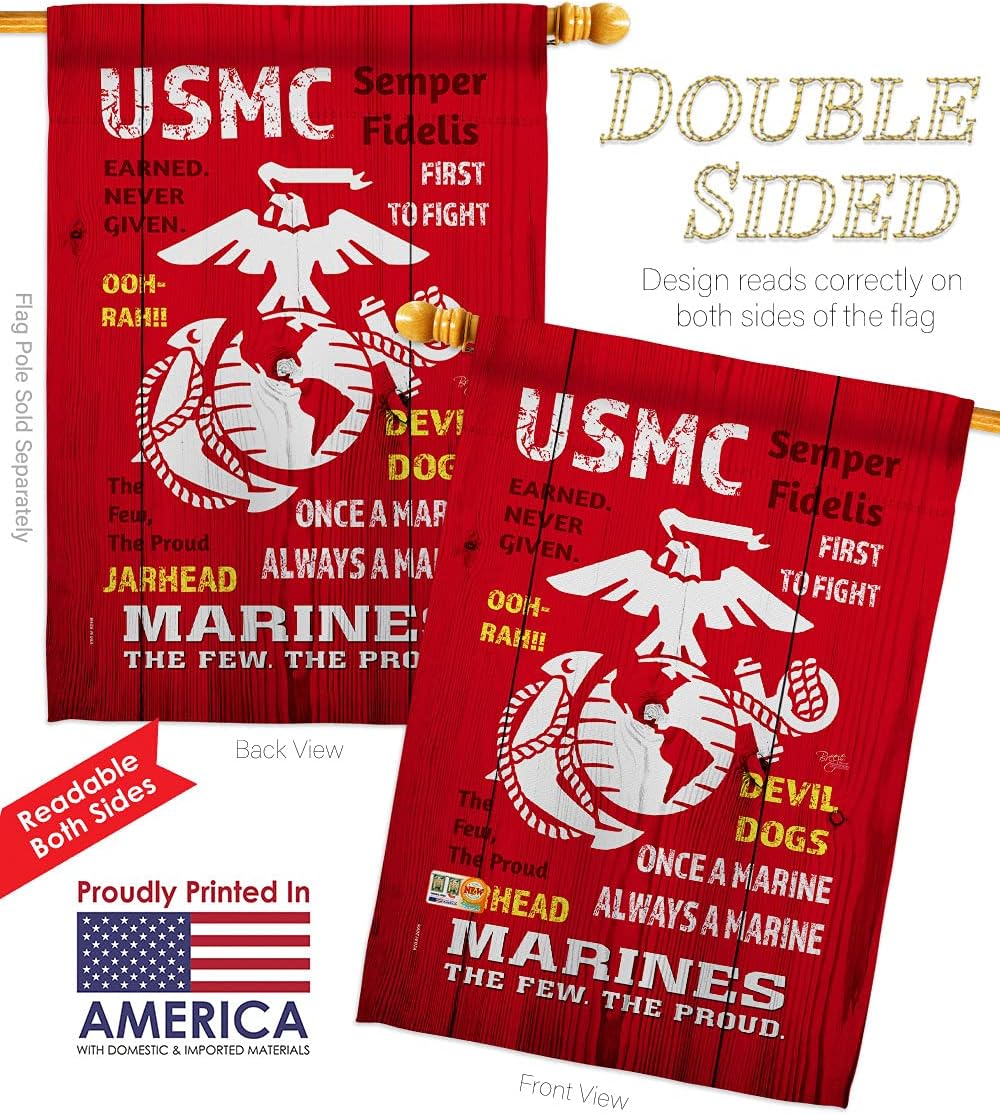 USMC House Flag Dowel Set Armed Forces Marine Corps Semper Fi United State American Military Veteran Retire Official Small Decorative Gift Yard Banner Double-Sided Made In USA 28 X 40