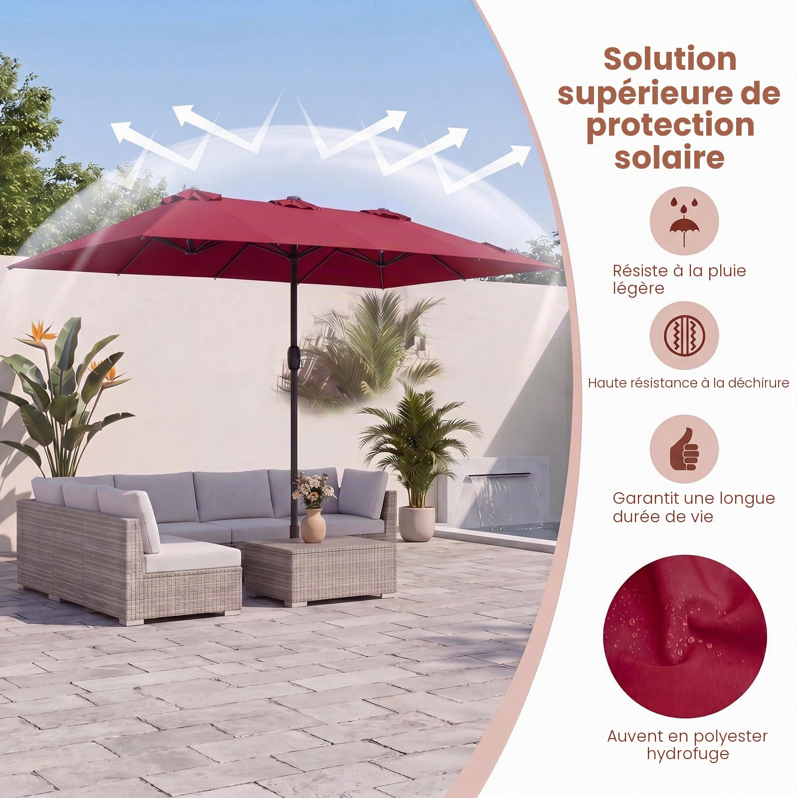 GOPLUS Parasol de Jardin Exterieur avec Pied, 4,6x2,8M Grand Parasol Double avec 48 LED Solaires, Manivelle, 12 Baleines, Protection Solaire, pour Terrasse Marché Patio