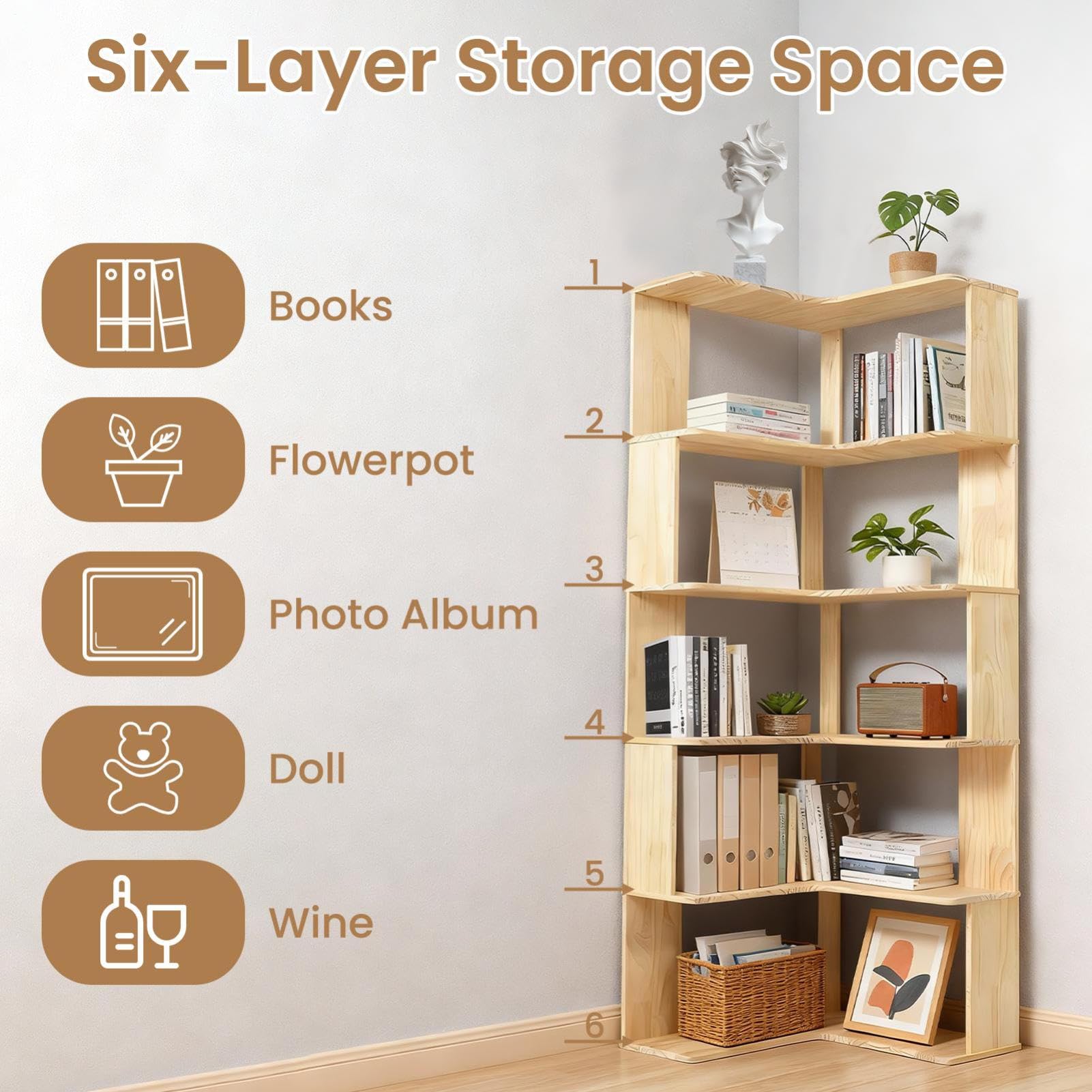 Scaffale angolare, libreria, 6 ripiani, grande e moderna, ad angolo, a forma di L, per camera da letto, soggiorno, studio, 157 x 60 x 60 cm