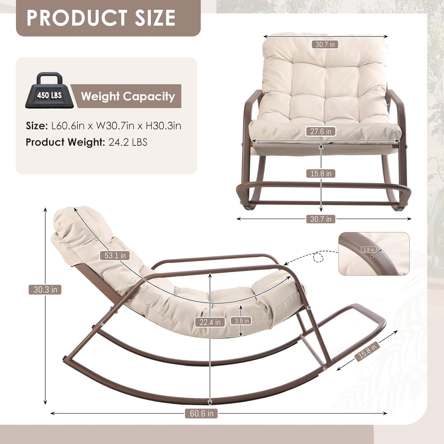 RADIATA Rocking Lounge Chair, Indoor Outdoor Reclining Lounger with Footrest & Cushion, 400lbs Weight Capacity, Comfortable Rocker for Relaxation, Reading and Napping (Beige)