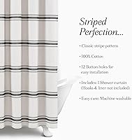 Vista 5 de Cortina de regadera de algodón a rayas estilo rústico de Lush Decor, 72 x 72 pulgadas, negra - Cortina de baño a rayas - Cortinas de ducha de tela