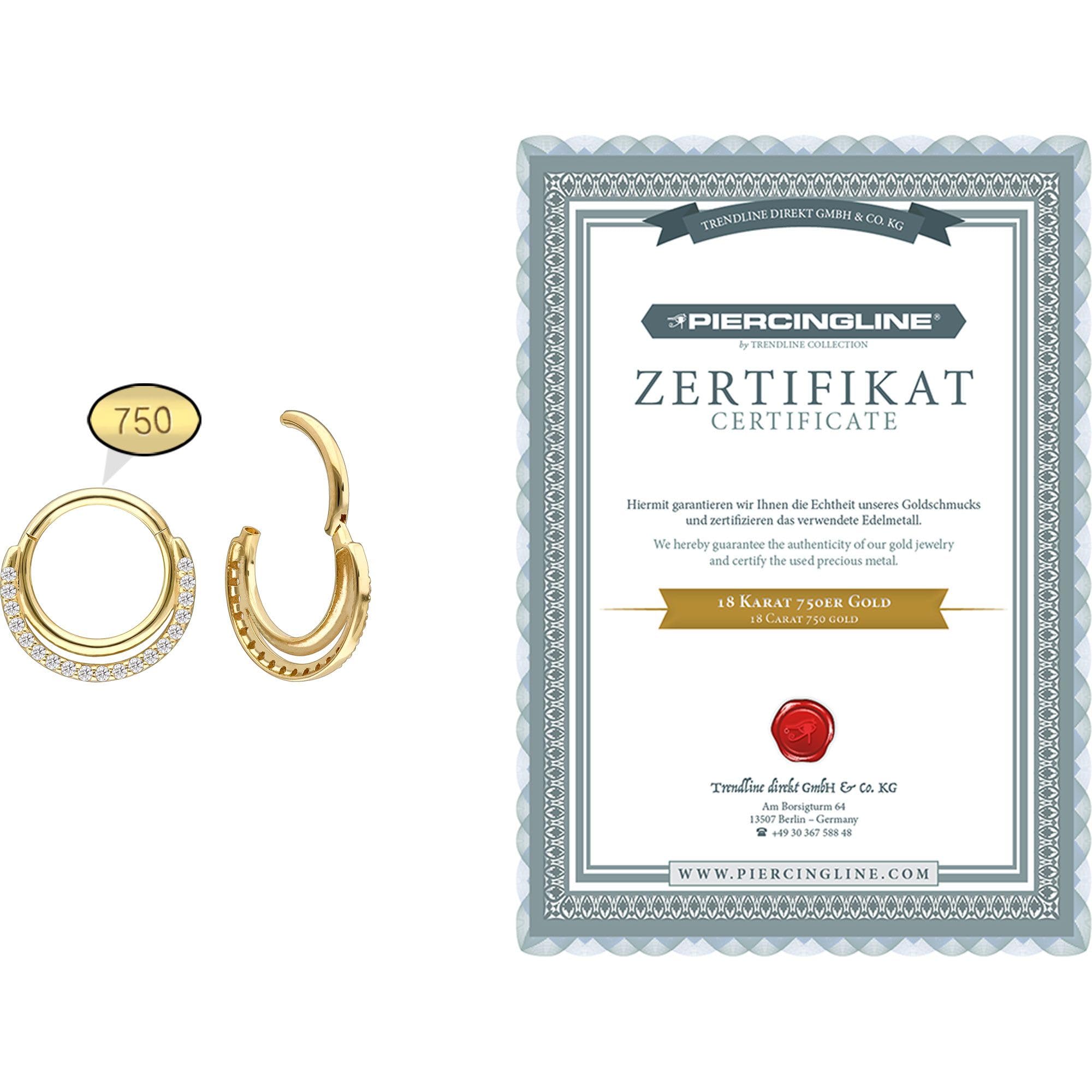 PIERCINGLINE Piercing Ring 18 Gold Segmentring Clicker EINGEFASSTE MOISSANITE + 2 RINGE 750er Gold - Goldfarben
