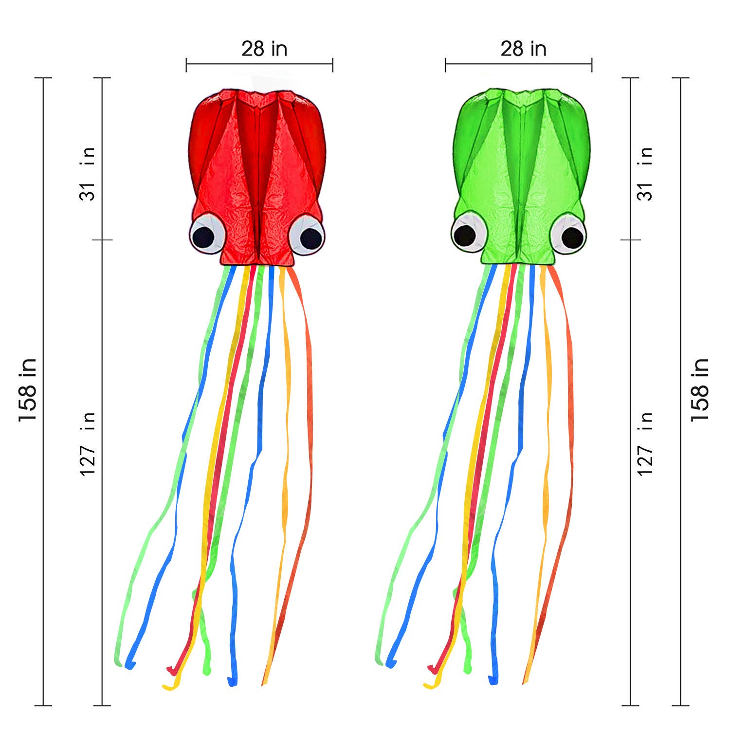 SINGARE Large Octopus Kites, Long Tail Beautiful Easy Flyer Beach Kites, Good Kite for Kids and Adults Easy to Fly(Red+Green) - Image 2