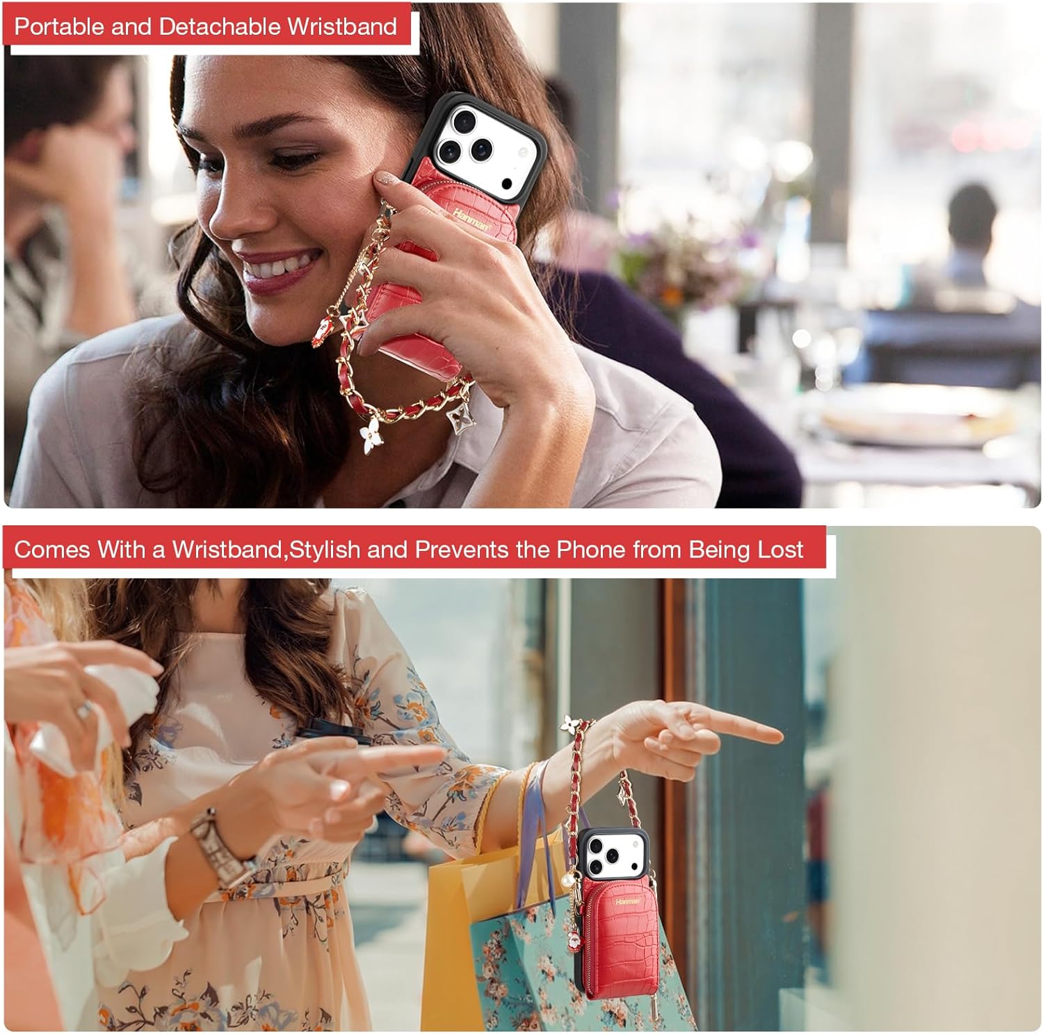 Hanman Leather Wallet Case with Wrist Strap for iPhone 17 Pro,RFID Blocking Microfiber PU Leather Zipper Purse Case for iPhone 17 Pro,Crocodile Hand Card Holder Cover-Red