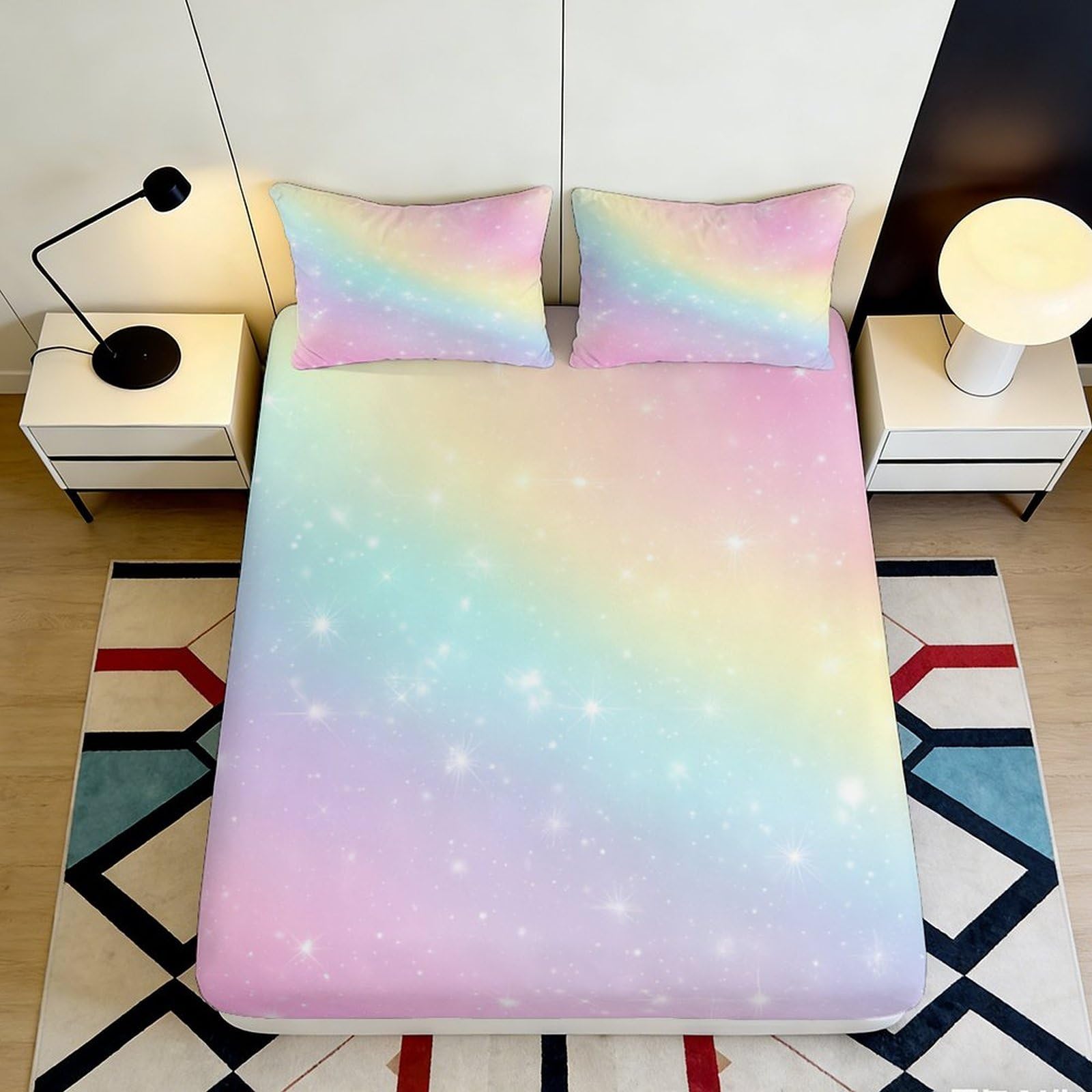 3D Printed Rainbow Starry Sky Fitted Sheet Microfiber Soft Breathable Pastel Galaxy Bed Cover for Bedroom Dormitory Guest Room Mattress Protection Decor 140x200x25cm