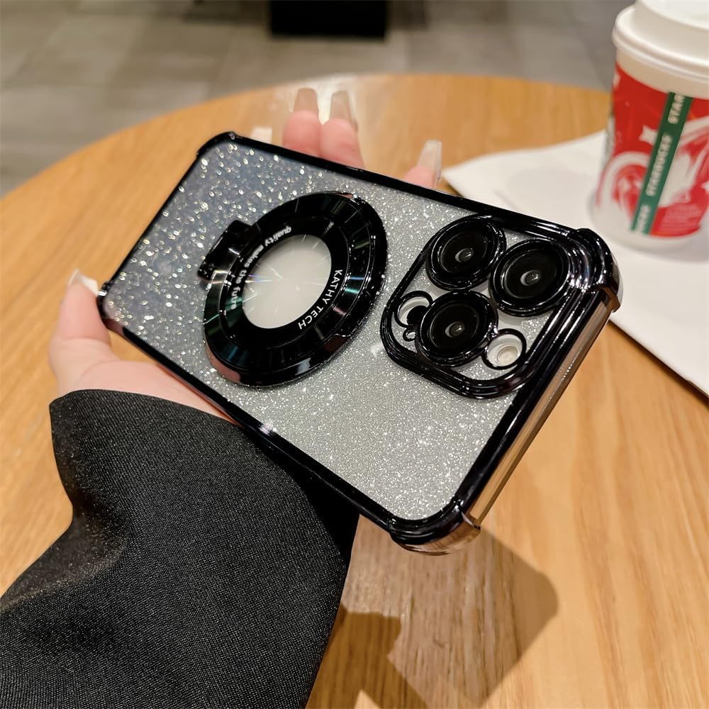 Glitter Magnetic Kickstand Case for iPhone 15 14 13 12 Pro Max [Compatible with MagSafe] Logo View [Camera Lens Protector] Shockproof Corners Hard Cover (Black,for iPhone 12 Pro)