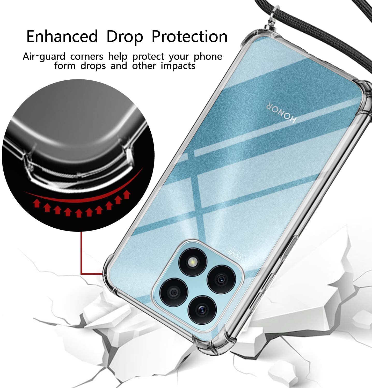 Custodia Honor X8C Con Cordino - Cover Silicone Trasparente, Vetro Temperato, Antiurto, Tracolla Regolabile - Foto 9