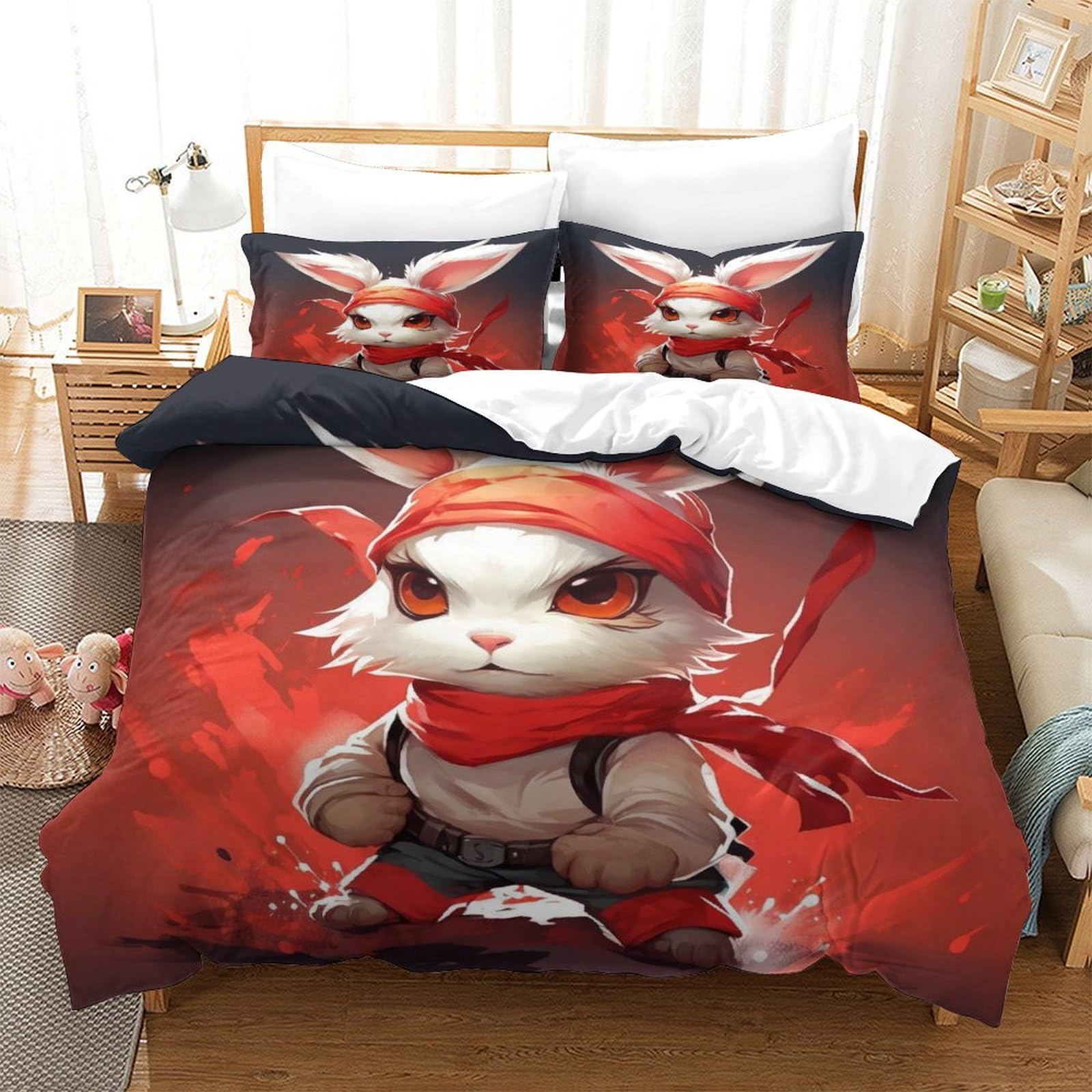 BUKISA Kids and Adults Red Background Duvet Cover 3D Printed Pattern Soft Microfiber Rabbit Bedding Set Soft Hypoallergenic Twin?173x218cm? Quilt Cover with Hidden Zipper, Breathable 3 Pcs